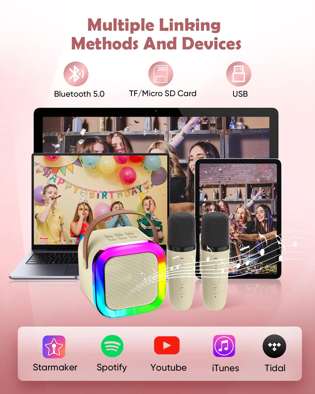 Mini Karaoke Machine Speaker for Kids, Toys for Girls Boys Friends Age 3-12+, Birthday Gifts Portable Bluetooth Speaker with Wireless Mics for 5 6 7 8 9 10 11 Years Teens Girl Boys, Beige Beige- 2-Mic - Image 3