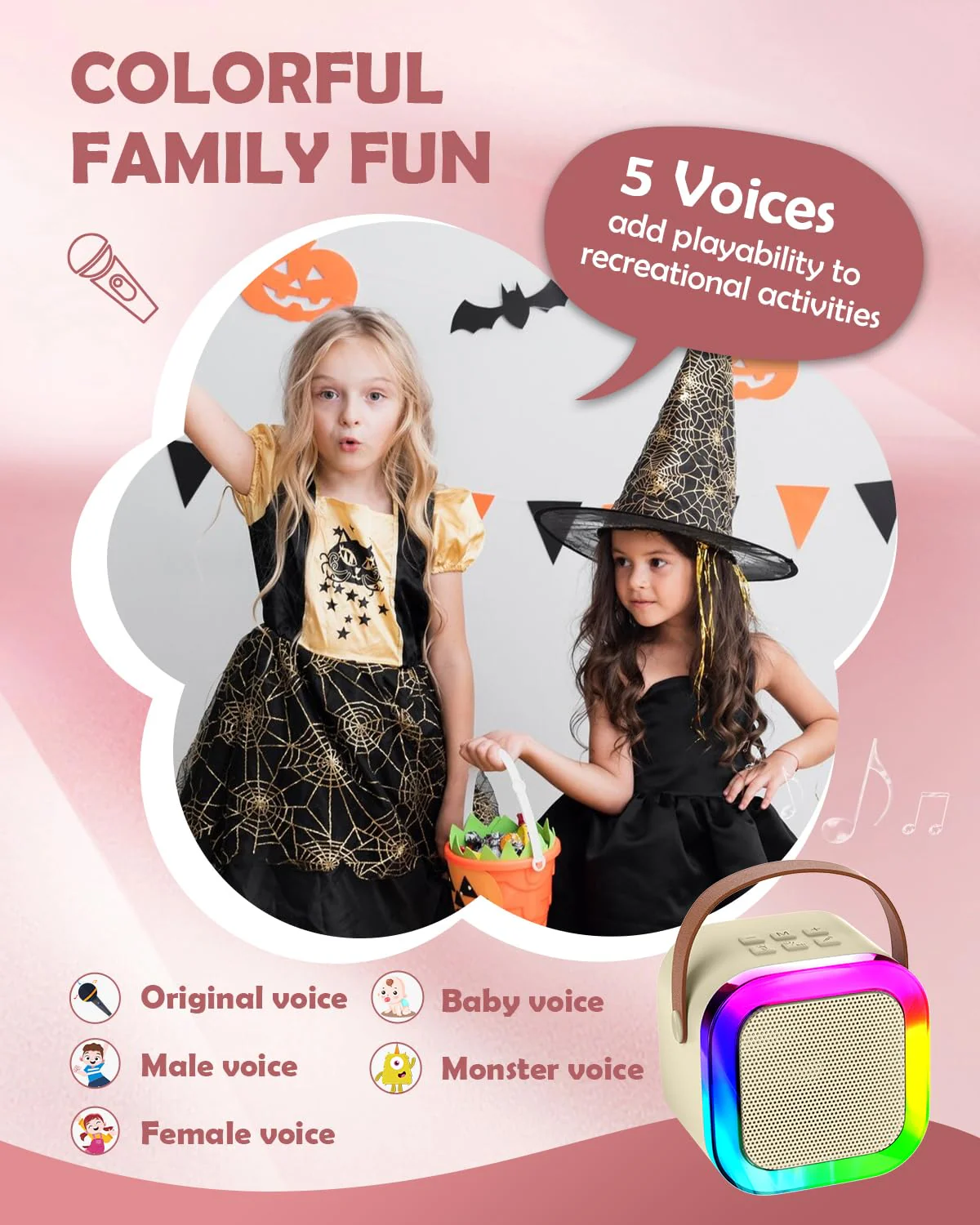 Mini Karaoke Machine Speaker for Kids, Toys for Girls Boys Friends Age 3-12+, Birthday Gifts Portable Bluetooth Speaker with Wireless Mics for 5 6 7 8 9 10 11 Years Teens Girl Boys, Beige Beige- 2-Mic - Image 4