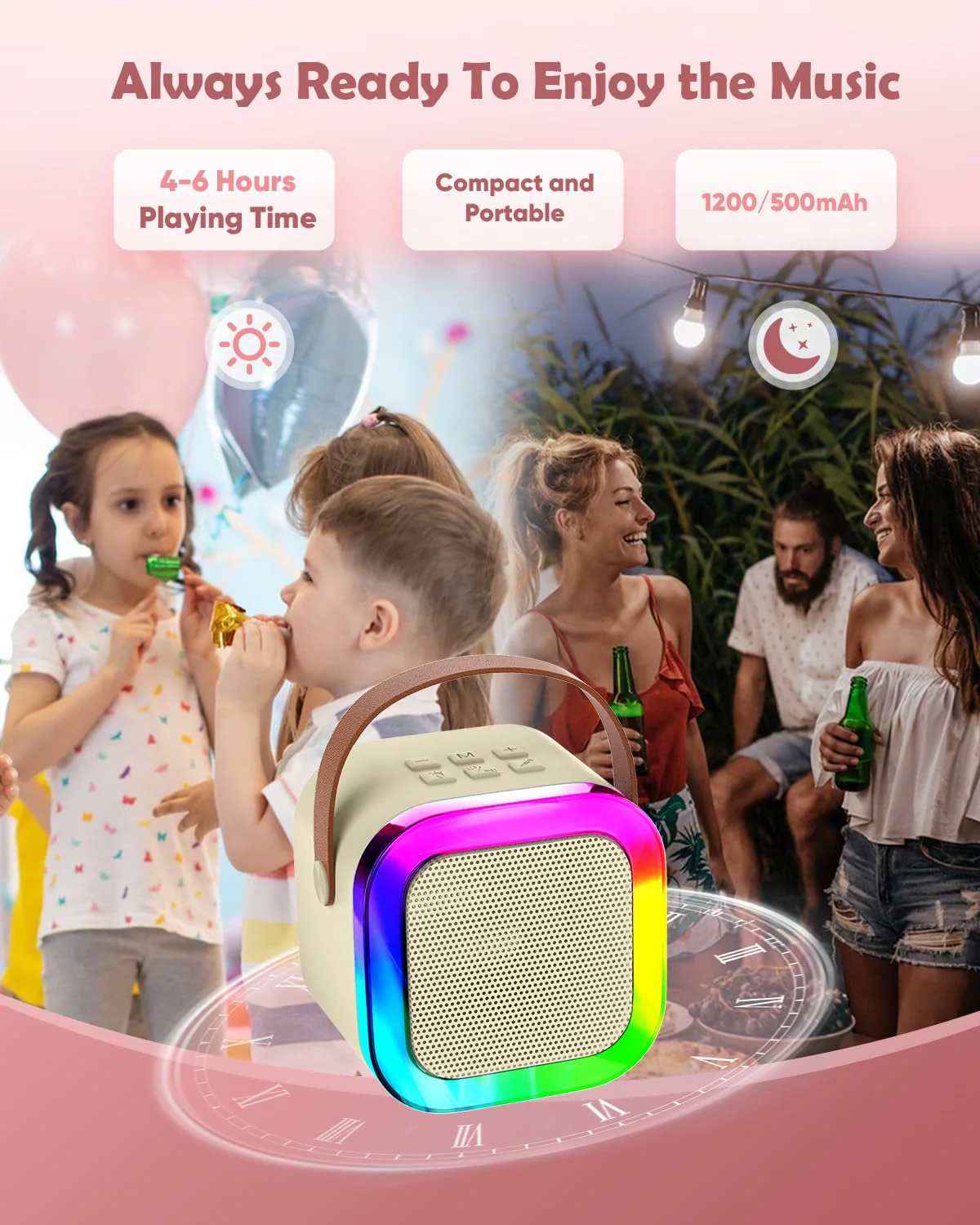 Mini Karaoke Machine Speaker for Kids, Toys for Girls Boys Friends Age 3-12+, Birthday Gifts Portable Bluetooth Speaker with Wireless Mics for 5 6 7 8 9 10 11 Years Teens Girl Boys, Beige Beige- 2-Mic - Image 5