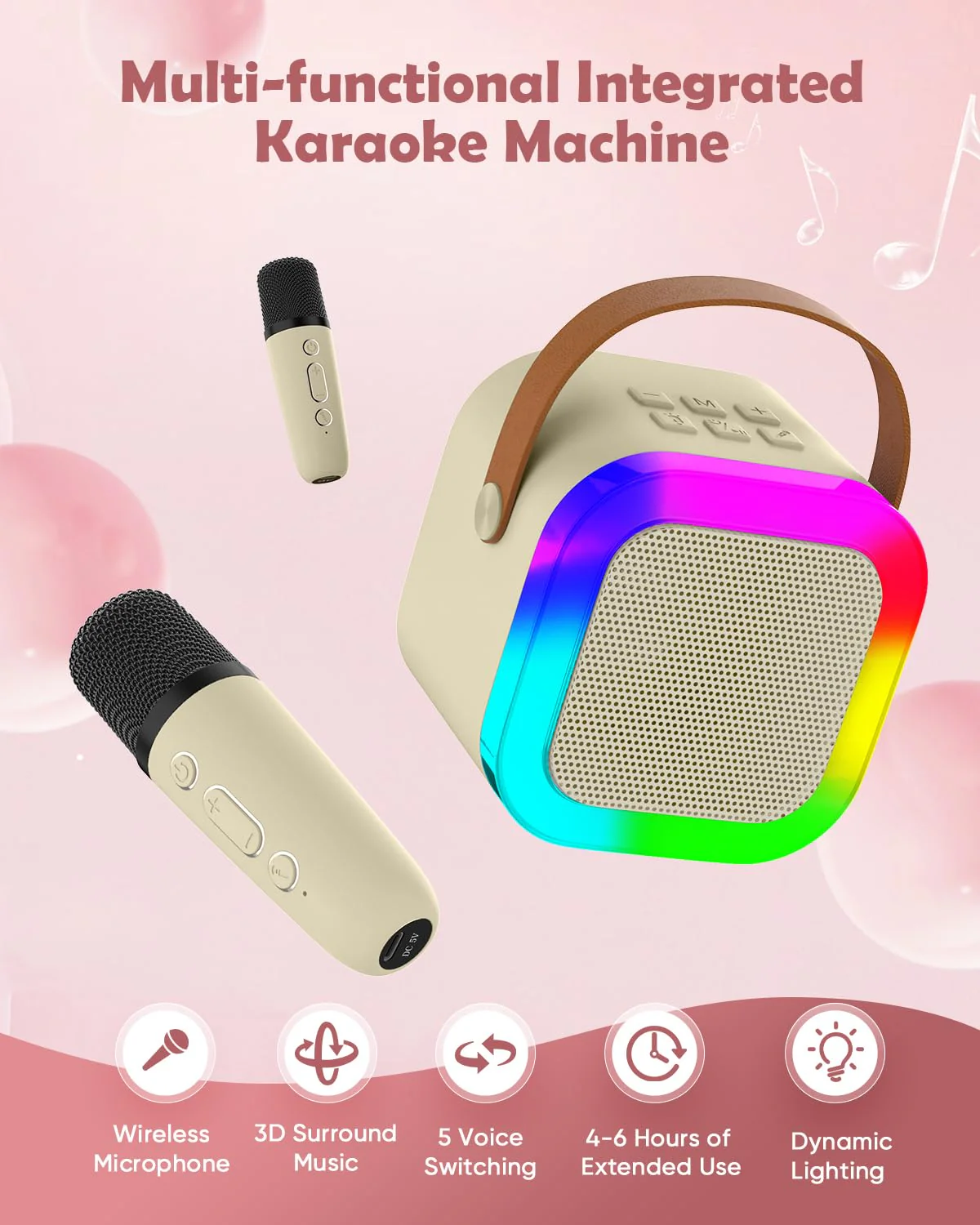 Mini Karaoke Machine Speaker for Kids, Toys for Girls Boys Friends Age 3-12+, Birthday Gifts Portable Bluetooth Speaker with Wireless Mics for 5 6 7 8 9 10 11 Years Teens Girl Boys, Beige Beige- 2-Mic - Image 6