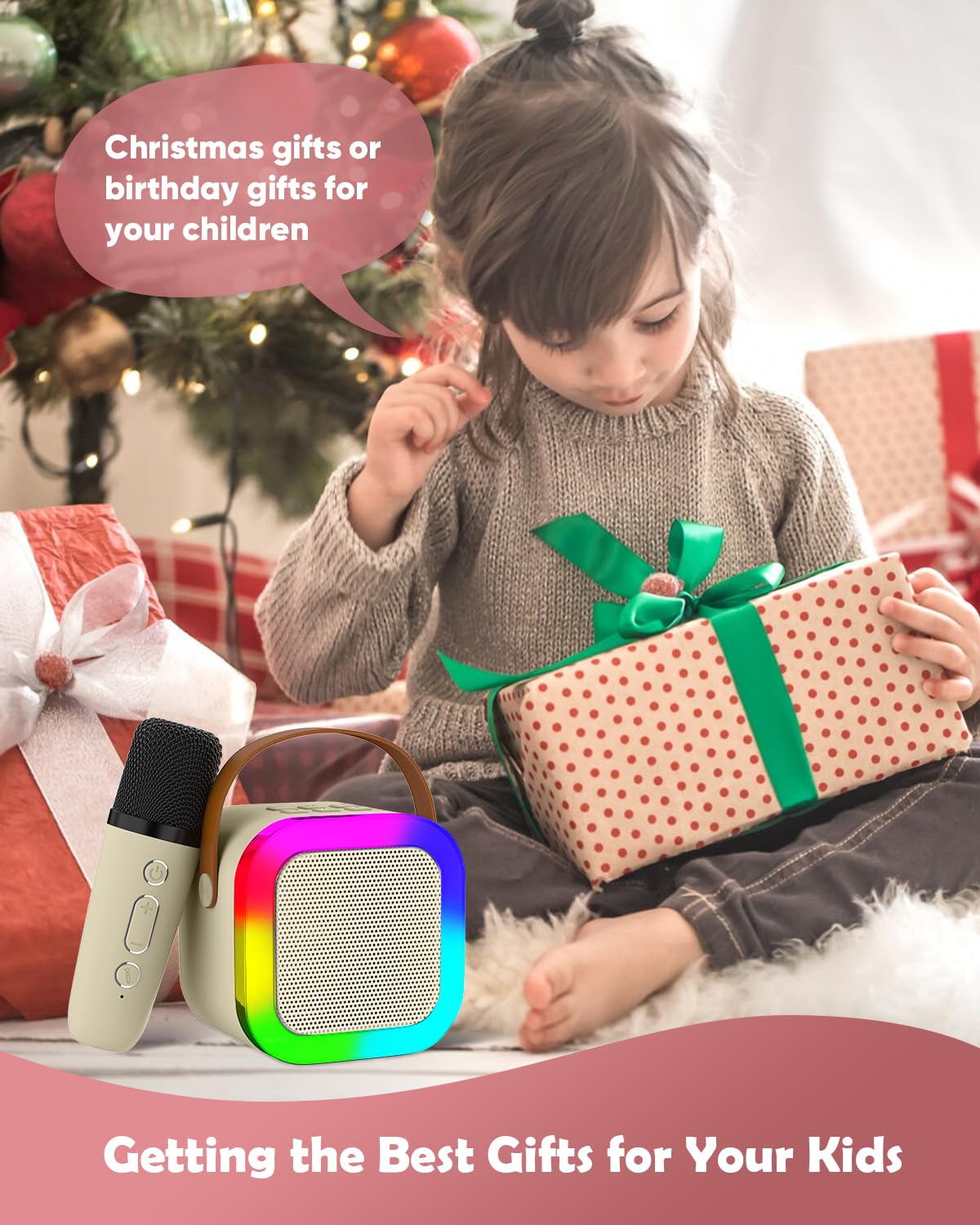 Mini Karaoke Machine Speaker for Kids, Toys for Girls Boys Friends Age 3-12+, Birthday Gifts Portable Bluetooth Speaker with Wireless Mics for 5 6 7 8 9 10 11 Years Teens Girl Boys, Beige Beige- 2-Mic - Image 7