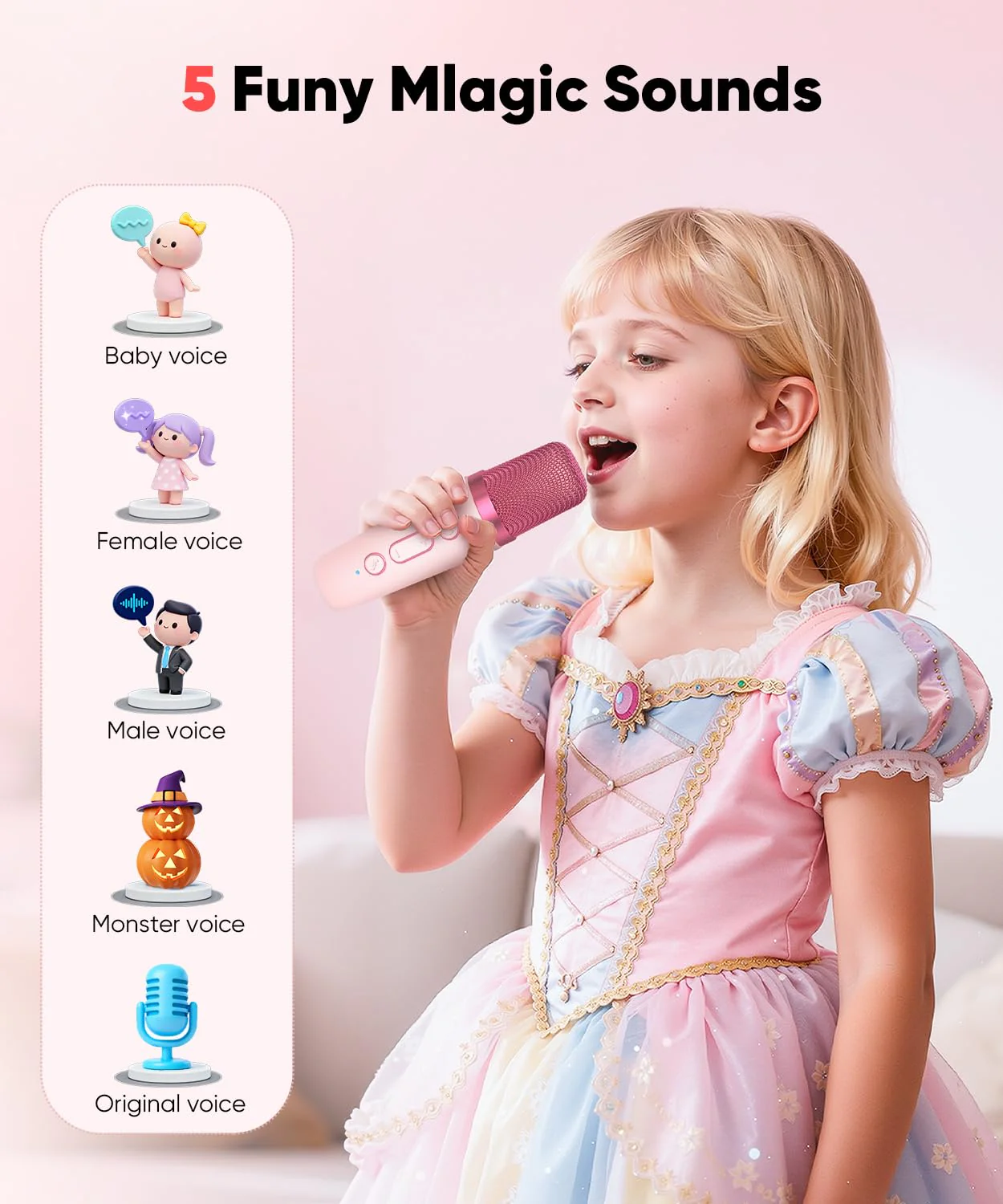 Mini Karaoke Machine Toy for Kids, Portable Karaoke Machine with 2 Wireless Microphone for 4,5,6,7,8,9,10,11,12+ Years Old Christmas Birthday Gifts Girls Boys (Pink) Pink 2 Mic - Image 2
