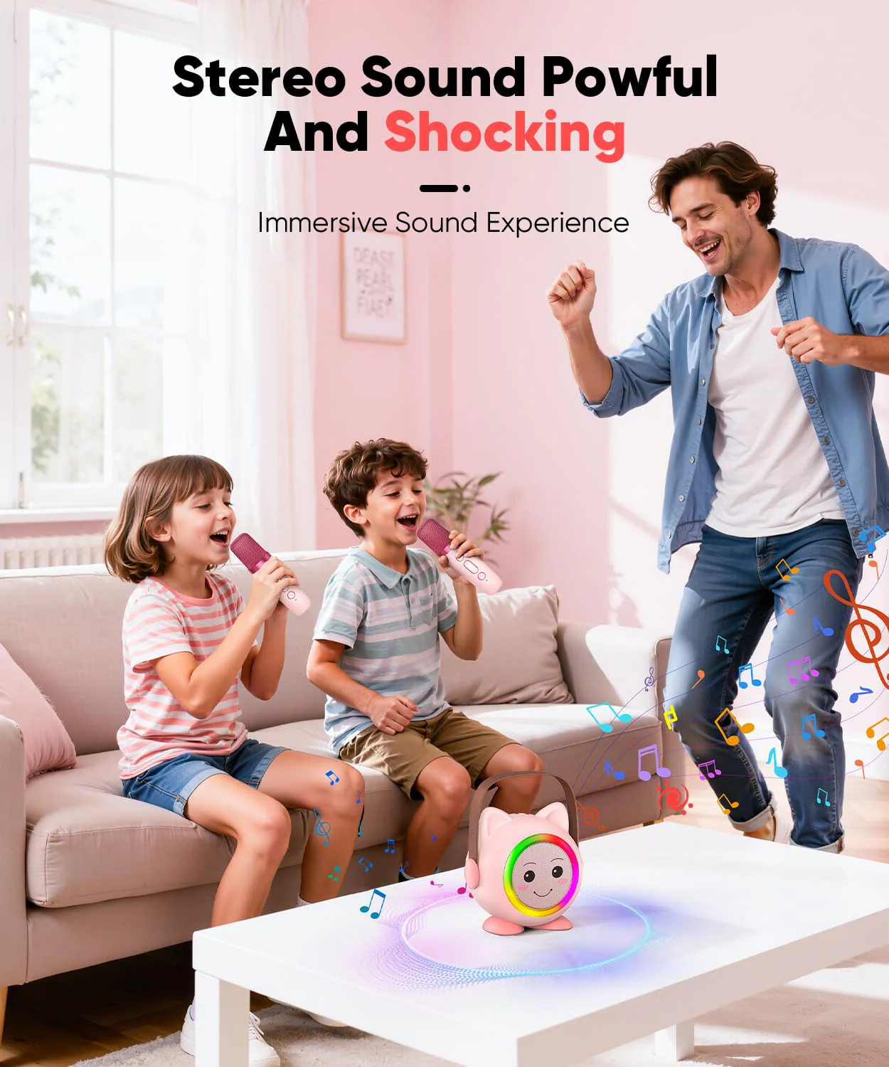 Mini Karaoke Machine Toy for Kids, Portable Karaoke Machine with 2 Wireless Microphone for 4,5,6,7,8,9,10,11,12+ Years Old Christmas Birthday Gifts Girls Boys (Pink) Pink 2 Mic - Image 4