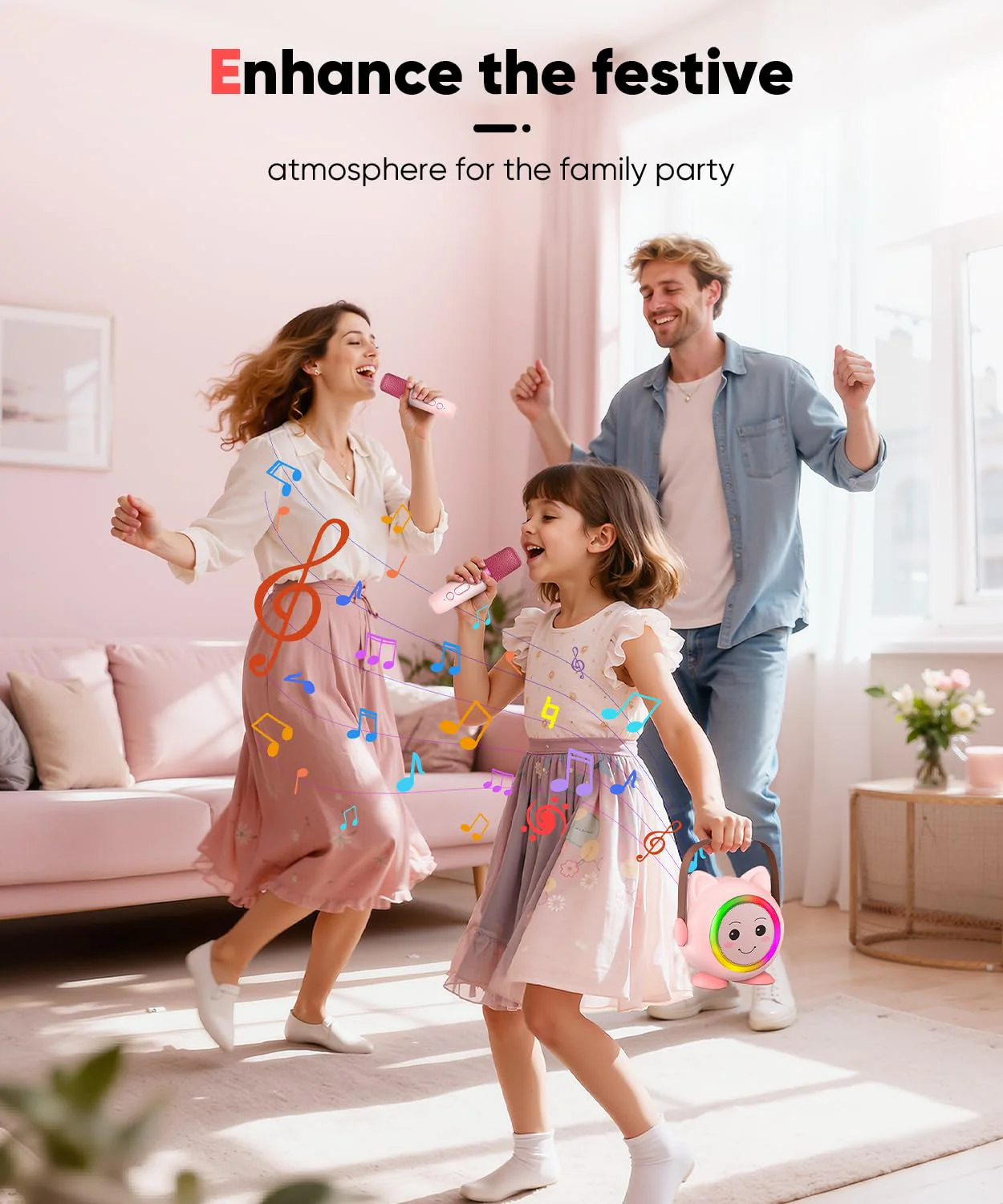 Mini Karaoke Machine Toy for Kids, Portable Karaoke Machine with 2 Wireless Microphone for 4,5,6,7,8,9,10,11,12+ Years Old Christmas Birthday Gifts Girls Boys (Pink) Pink 2 Mic - Image 6