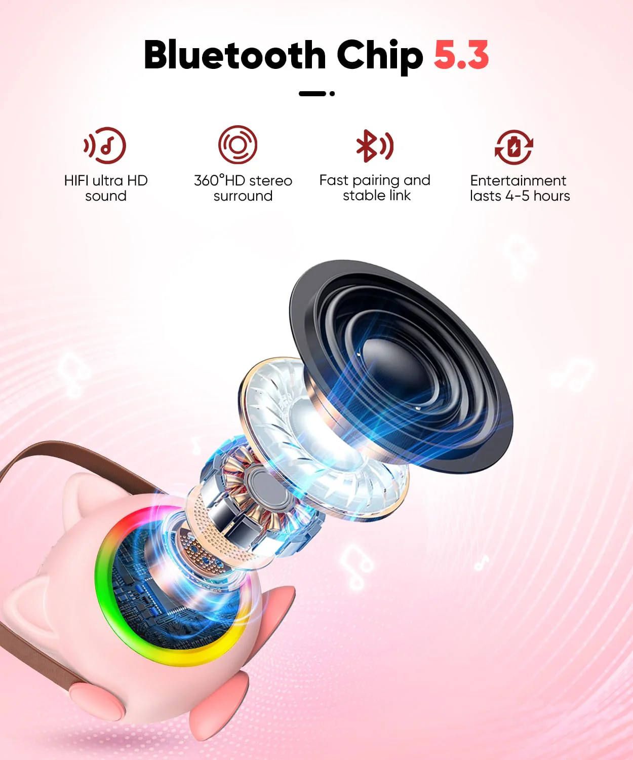 Mini Karaoke Machine Toy for Kids, Portable Karaoke Machine with 2 Wireless Microphone for 4,5,6,7,8,9,10,11,12+ Years Old Christmas Birthday Gifts Girls Boys (Pink) Pink 2 Mic - Image 7