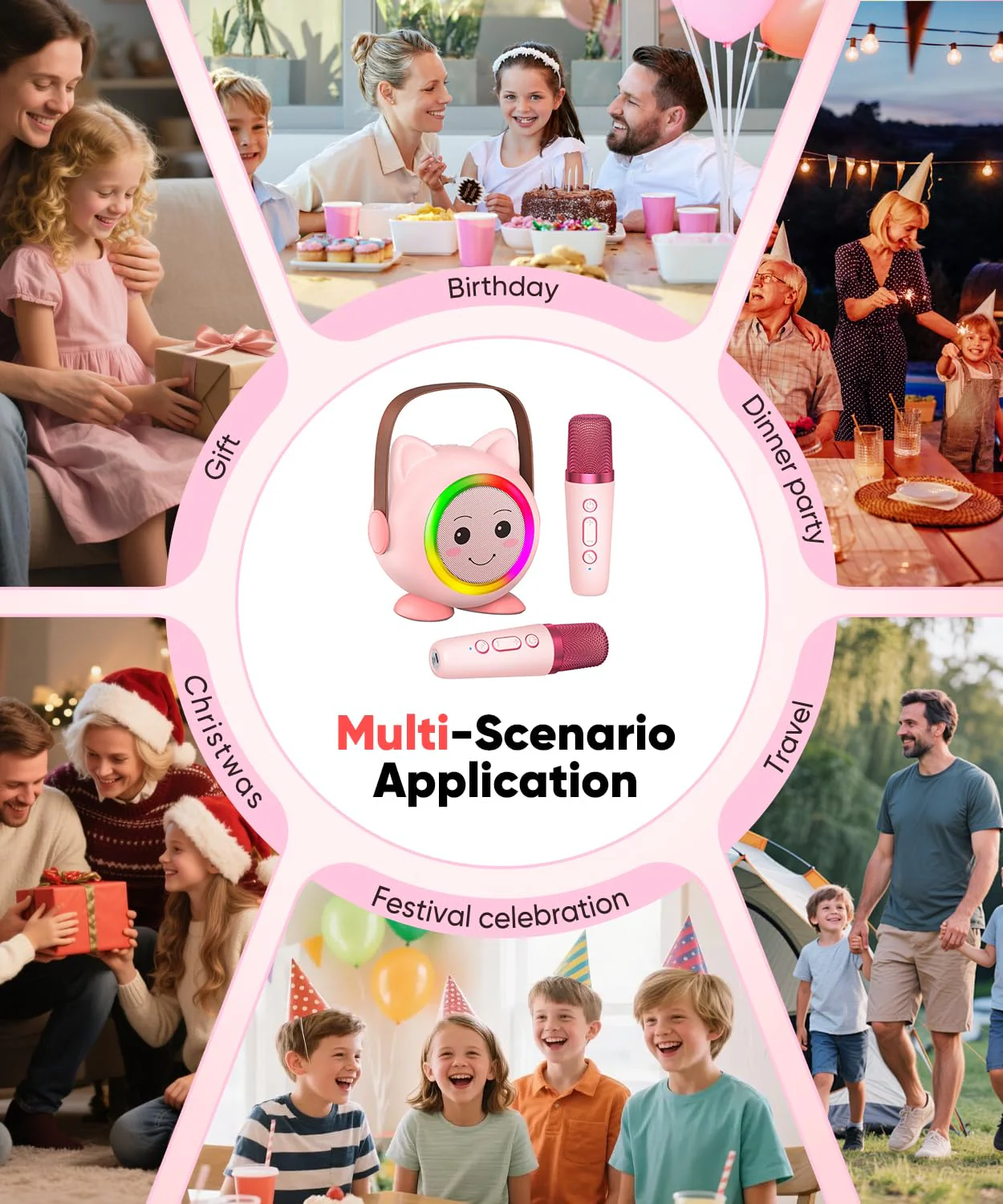 Mini Karaoke Machine Toy for Kids, Portable Karaoke Machine with 2 Wireless Microphone for 4,5,6,7,8,9,10,11,12+ Years Old Christmas Birthday Gifts Girls Boys (Pink) Pink 2 Mic - Image 9