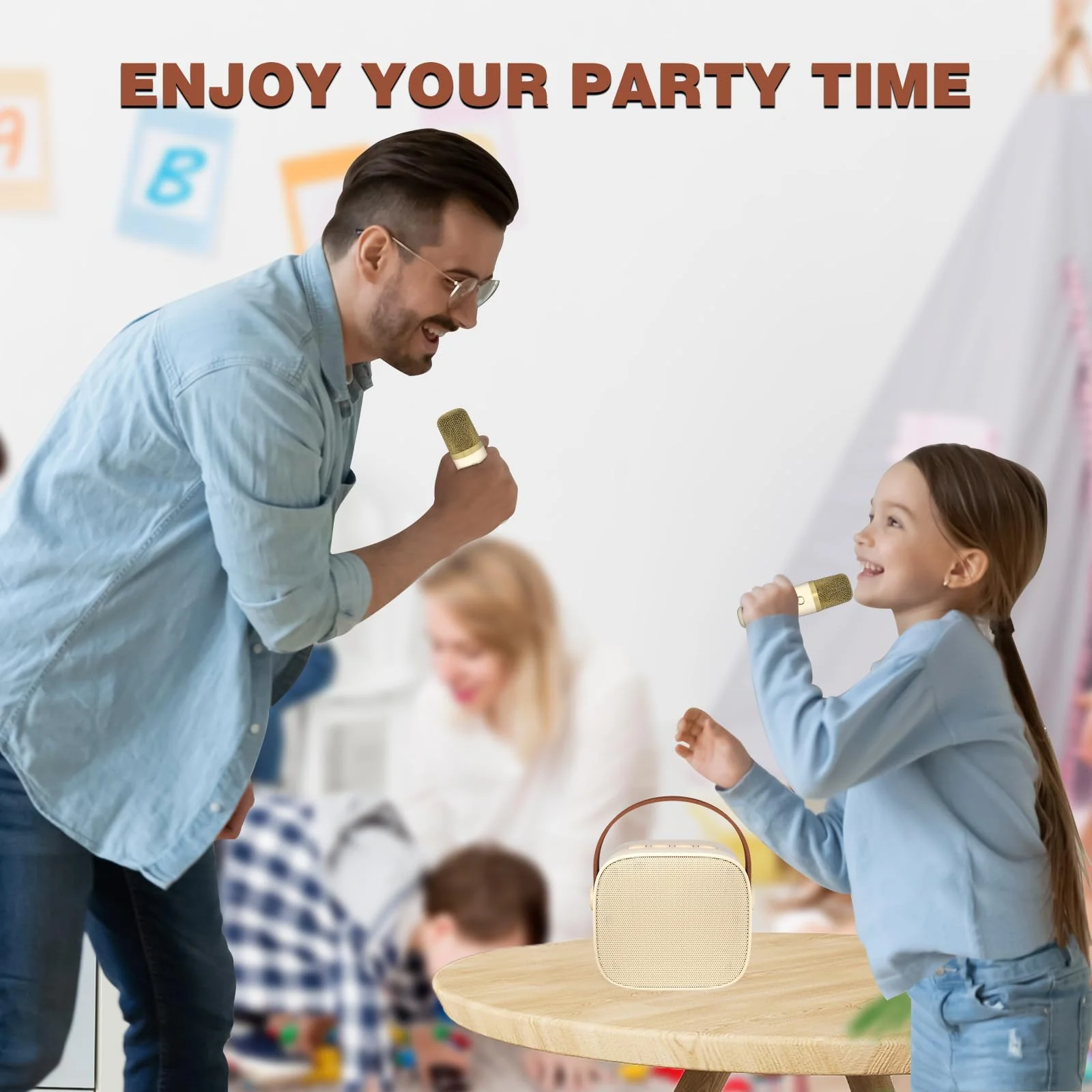 Mini Karaoke Machine with 2 Wireless Microphone,Bluetooth Speaker for Kids and Adults,Gifts for Girls and Boys 4, 5, 6, 7, 8, 9, 10 +Year Old Birthday Party Home (Beige) 2 Mic Beige - Image 4