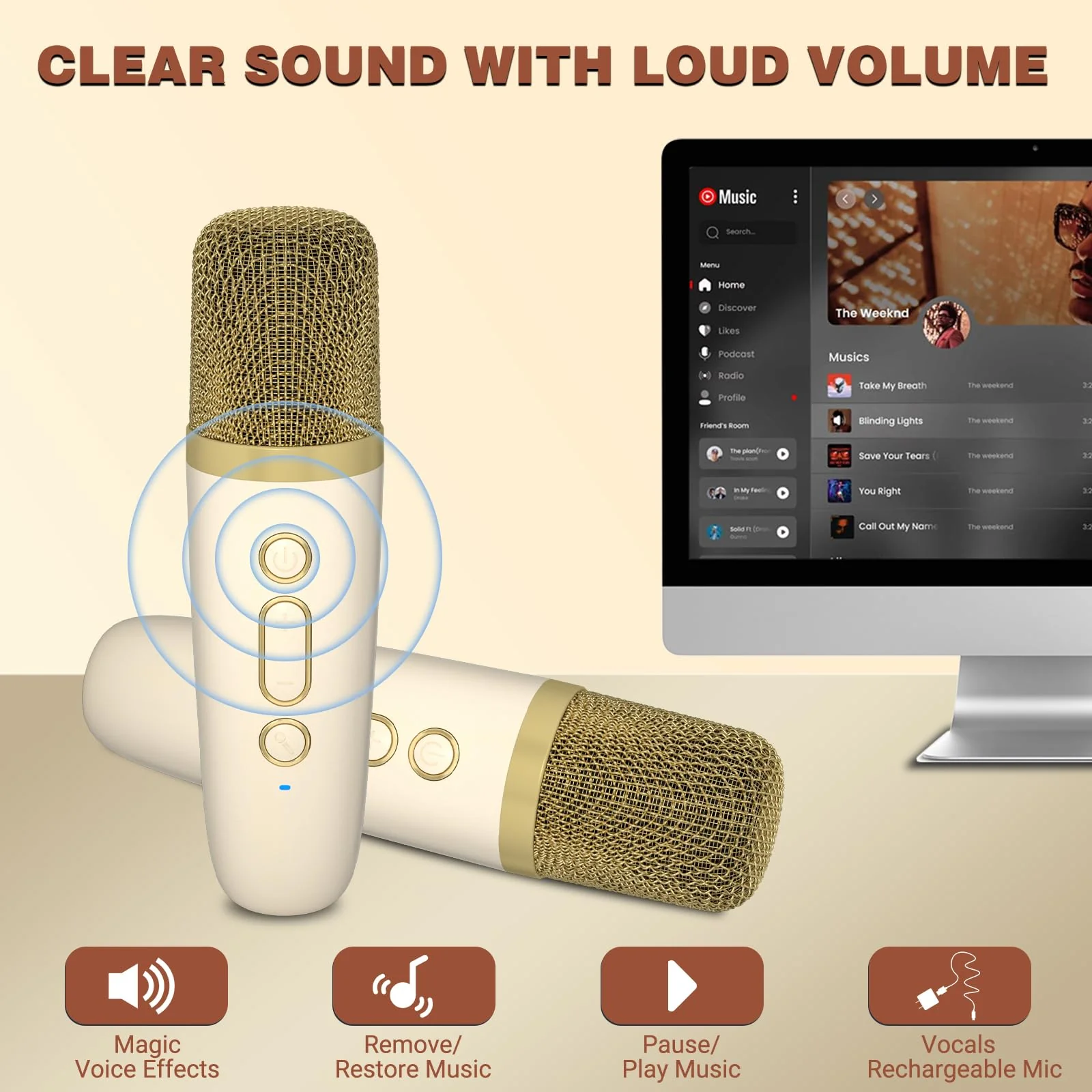 Mini Karaoke Machine with 2 Wireless Microphone,Bluetooth Speaker for Kids and Adults,Gifts for Girls and Boys 4, 5, 6, 7, 8, 9, 10 +Year Old Birthday Party Home (Beige) 2 Mic Beige - Image 5