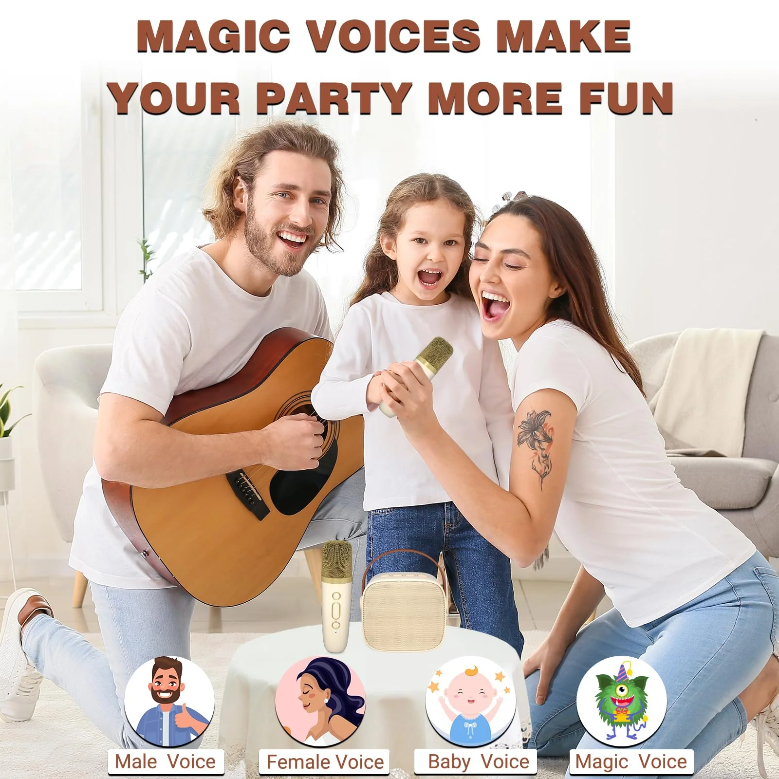 Mini Karaoke Machine with 2 Wireless Microphone,Bluetooth Speaker for Kids and Adults,Gifts for Girls and Boys 4, 5, 6, 7, 8, 9, 10 +Year Old Birthday Party Home (Beige) 2 Mic Beige - Image 6