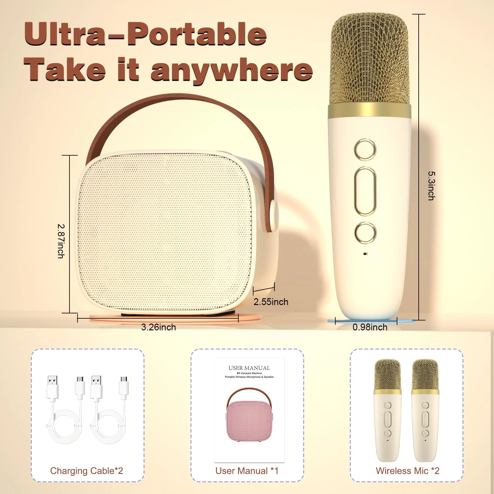 Mini Karaoke Machine with 2 Wireless Microphone,Bluetooth Speaker for Kids and Adults,Gifts for Girls and Boys 4, 5, 6, 7, 8, 9, 10 +Year Old Birthday Party Home (Beige) 2 Mic Beige - Image 7