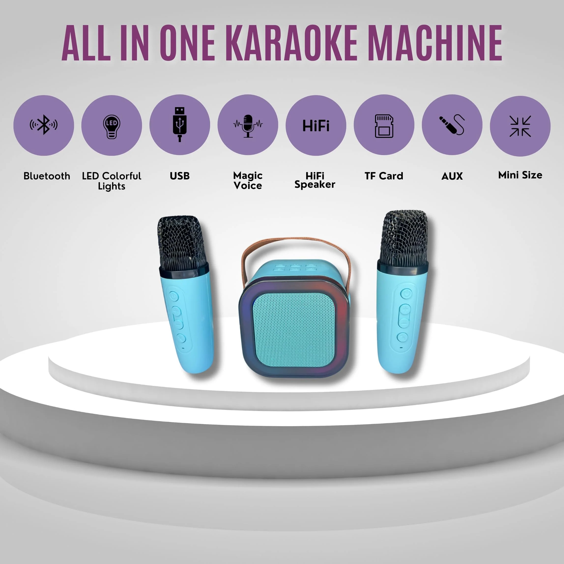 Mini Karaoke Machine with Two Microphones (Blue) Blue - Image 4