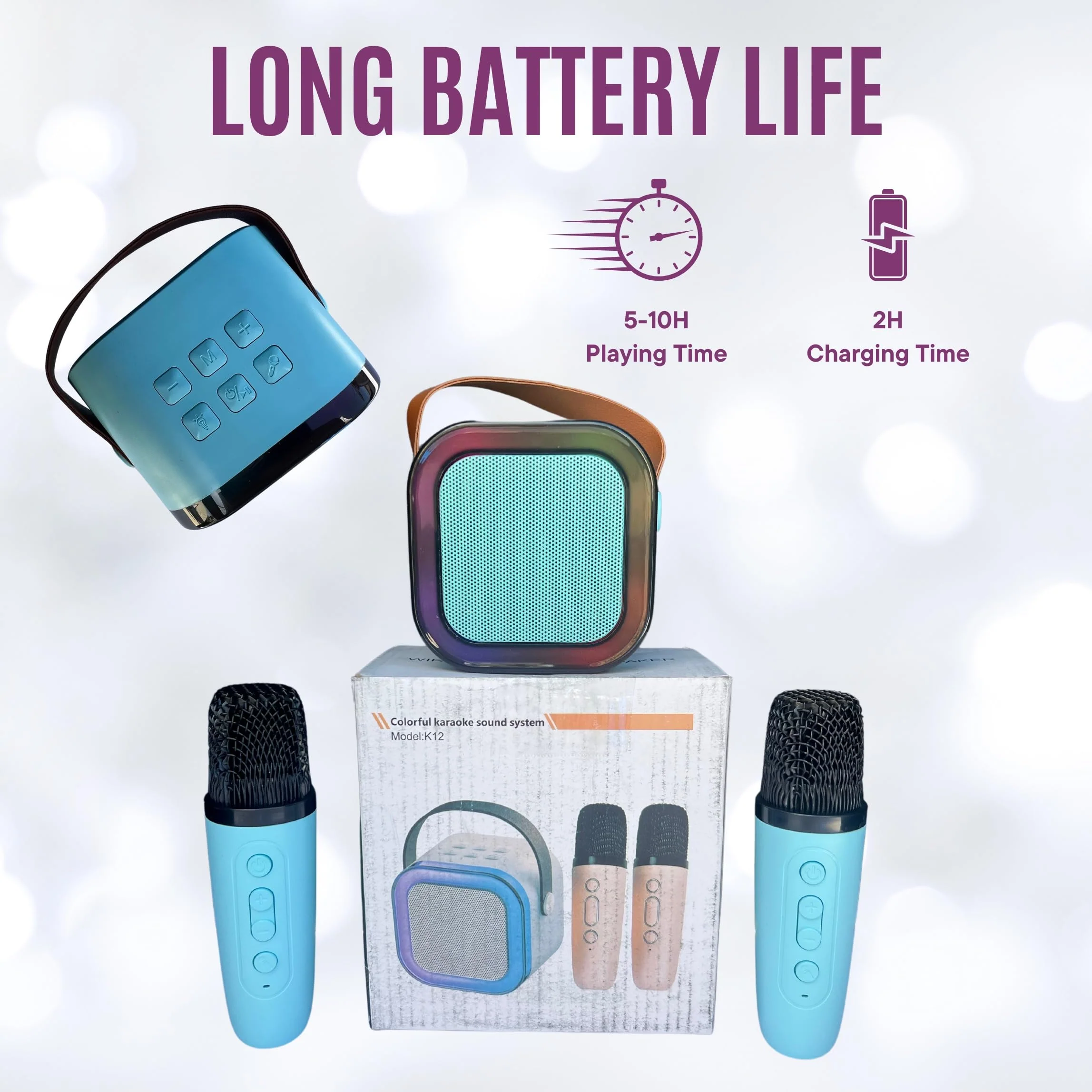 Mini Karaoke Machine with Two Microphones (Blue) Blue - Image 5