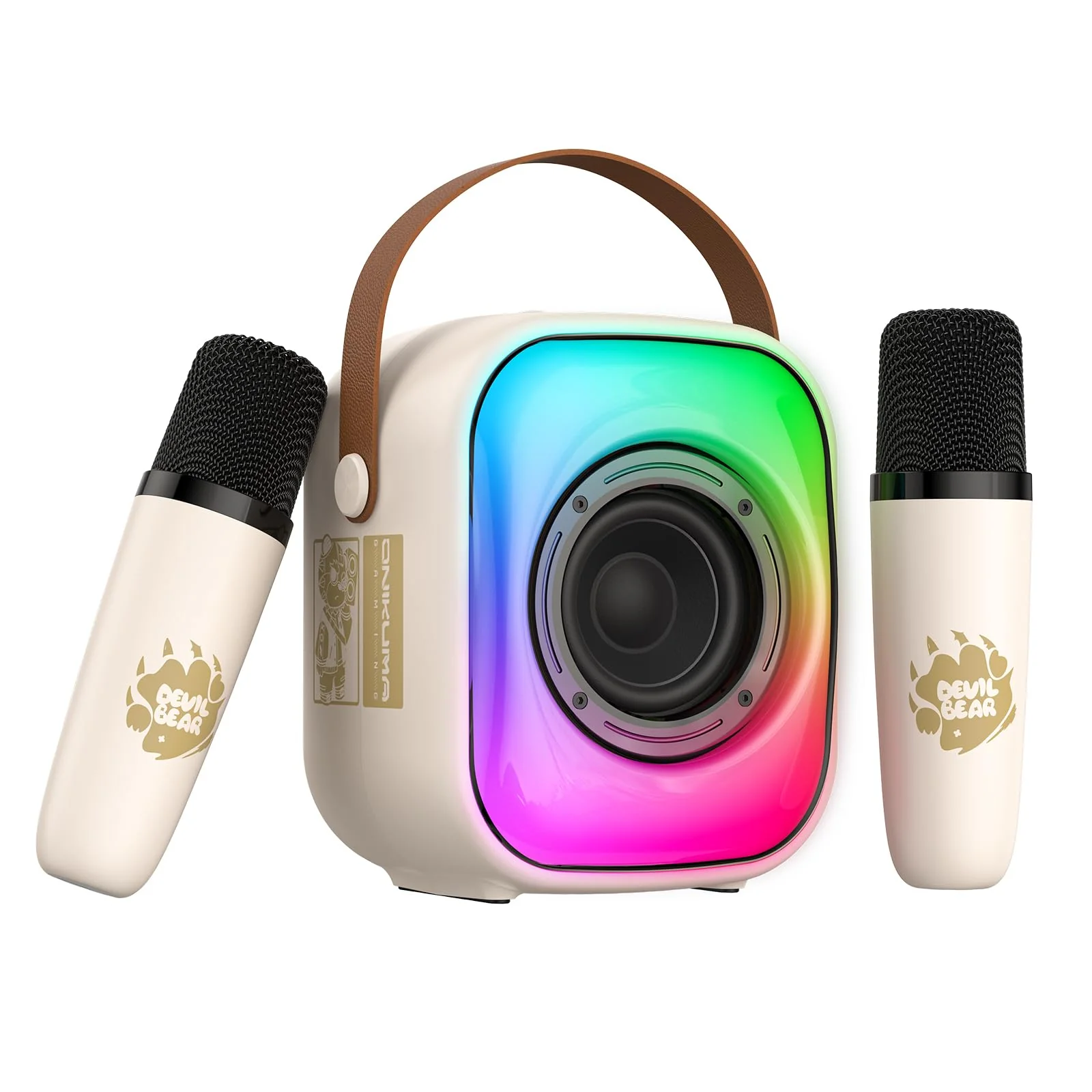 Mini Karaoke Machine with Two Wireless Microphones, Portable Bluetooth Speaker for Adults and Kids, Karaoke Microphone with LED, Speaker Supports for TF Card/USB, AUX in (Beige) Beige