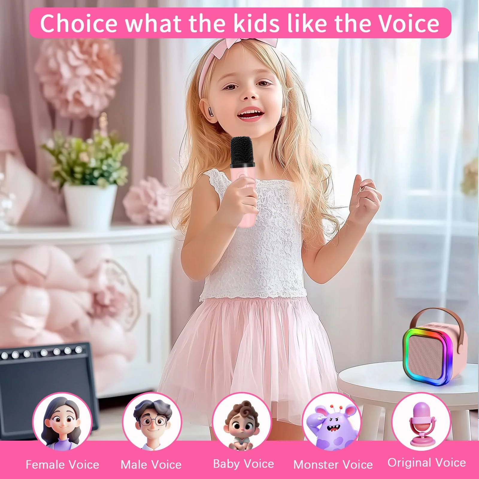 Mini Karaoke Machines for Kids, Girls Portable Karaoke Machine with 2 Microphones Speaker, 3 LED Disco Lights,5 Funny Sound, Gift for Boy Toddler Teen Adult Birthday Holiday Home Party Pink - Image 2