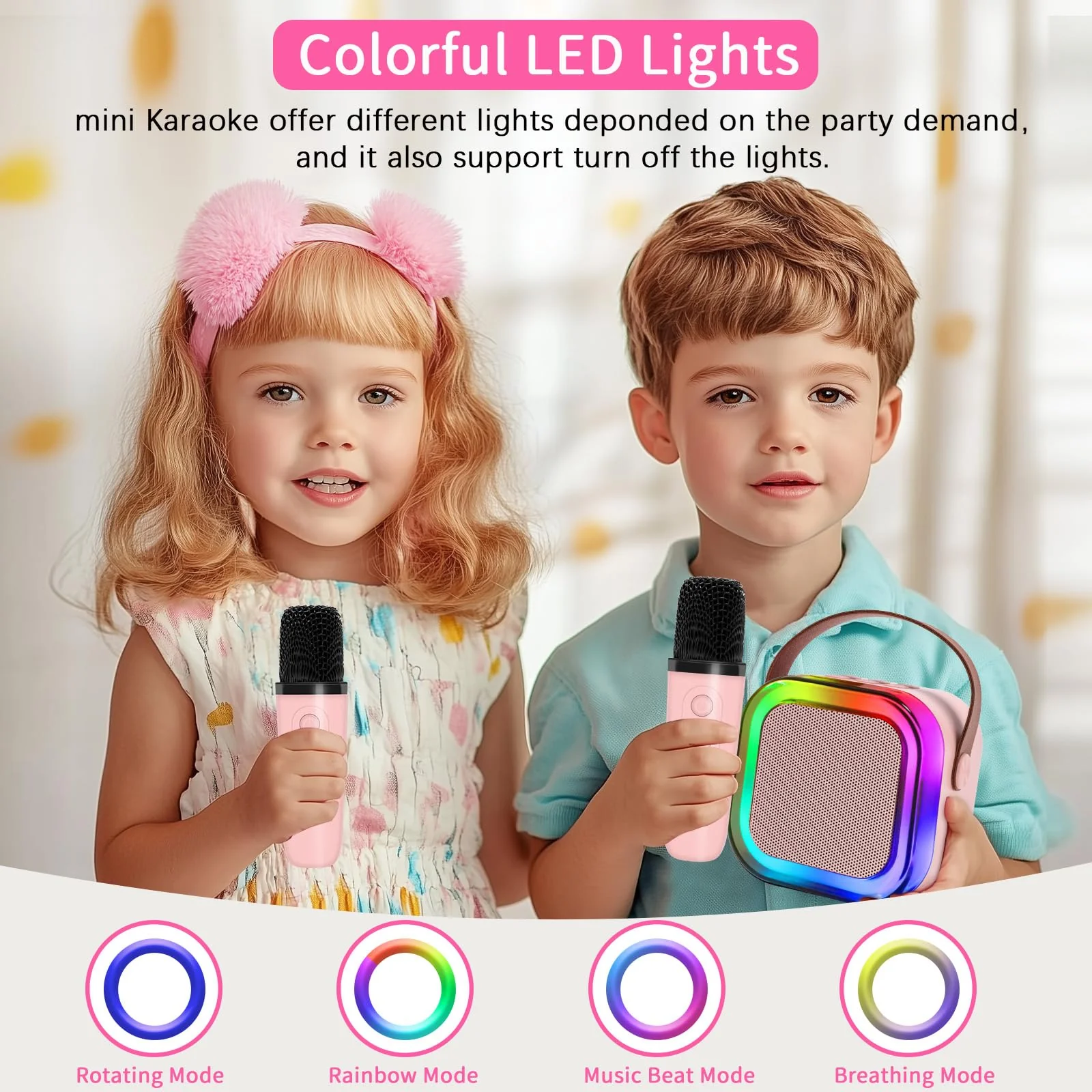 Mini Karaoke Machines for Kids, Girls Portable Karaoke Machine with 2 Microphones Speaker, 3 LED Disco Lights,5 Funny Sound, Gift for Boy Toddler Teen Adult Birthday Holiday Home Party Pink - Image 3