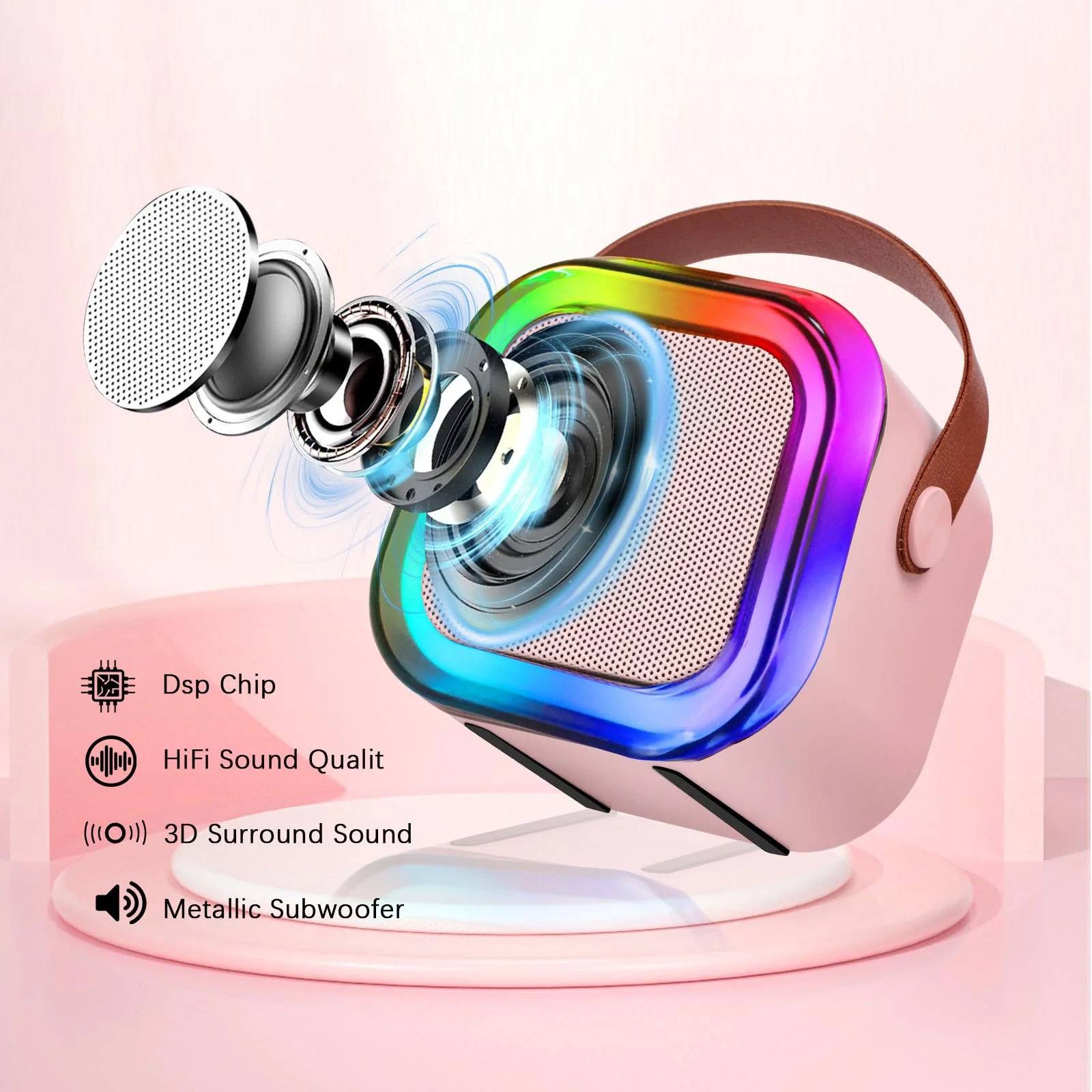 Mini Karaoke Machines for Kids, Girls Portable Karaoke Machine with 2 Microphones Speaker, 3 LED Disco Lights,5 Funny Sound, Gift for Boy Toddler Teen Adult Birthday Holiday Home Party Pink - Image 4