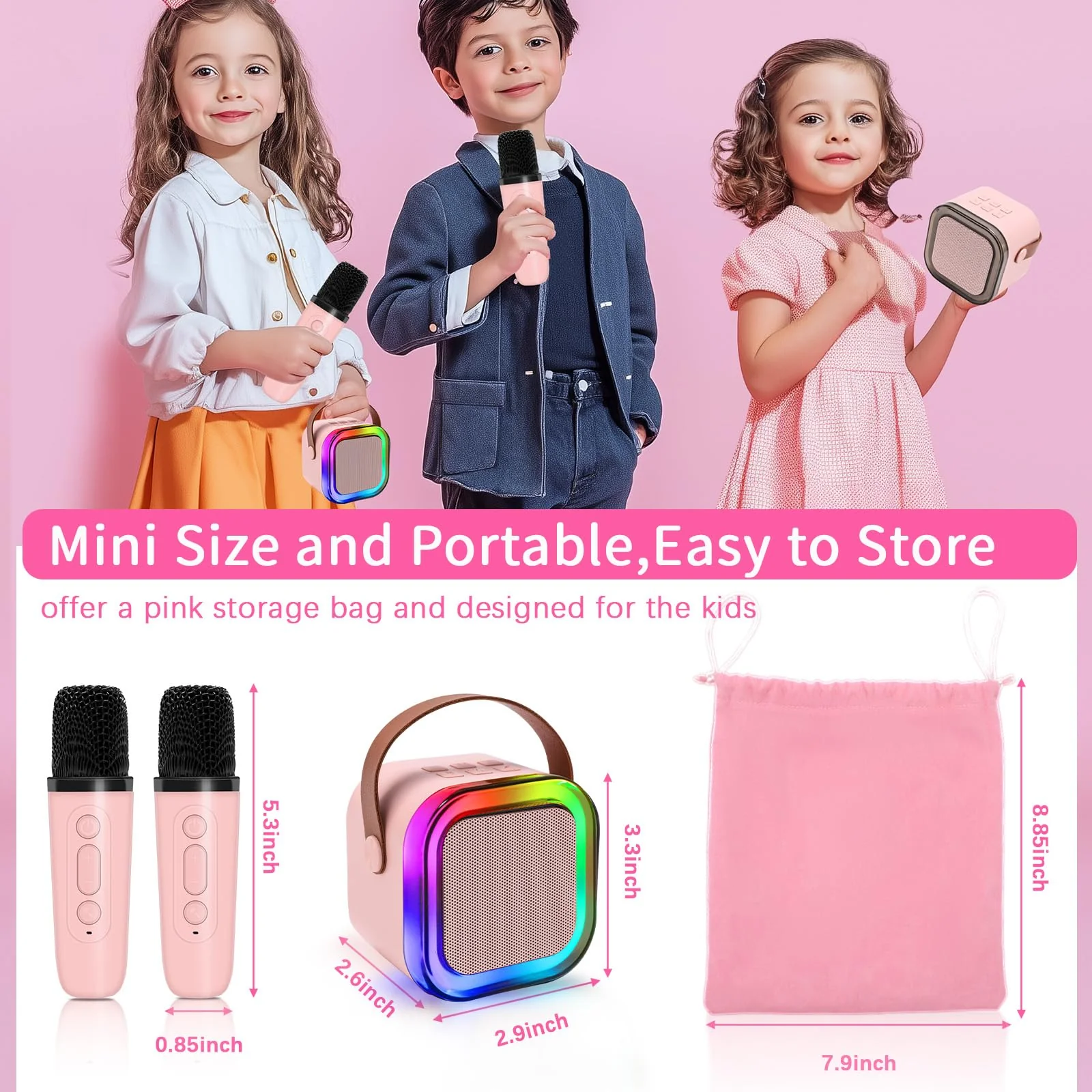 Mini Karaoke Machines for Kids, Girls Portable Karaoke Machine with 2 Microphones Speaker, 3 LED Disco Lights,5 Funny Sound, Gift for Boy Toddler Teen Adult Birthday Holiday Home Party Pink - Image 5
