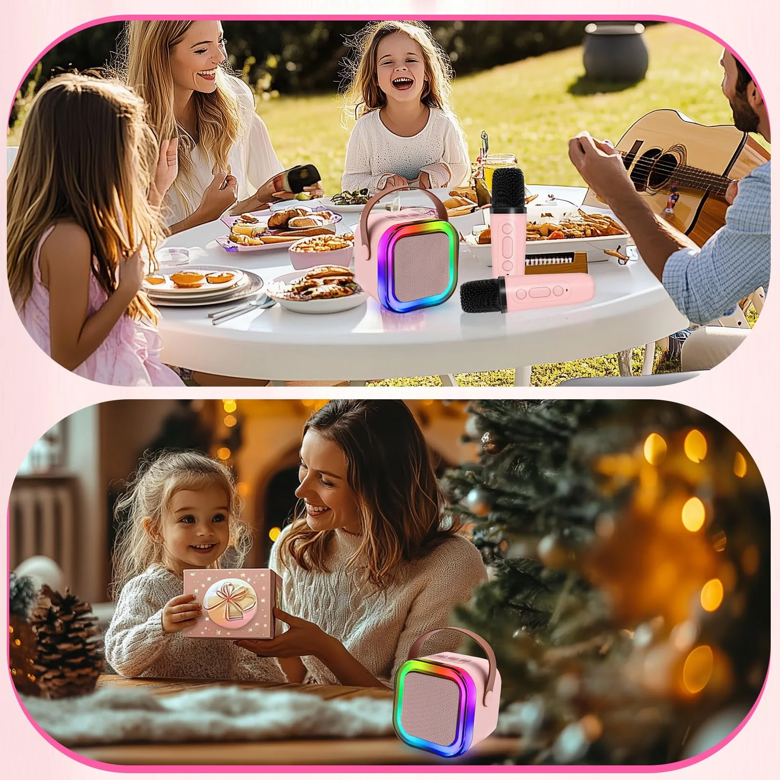 Mini Karaoke Machines for Kids, Girls Portable Karaoke Machine with 2 Microphones Speaker, 3 LED Disco Lights,5 Funny Sound, Gift for Boy Toddler Teen Adult Birthday Holiday Home Party Pink - Image 6