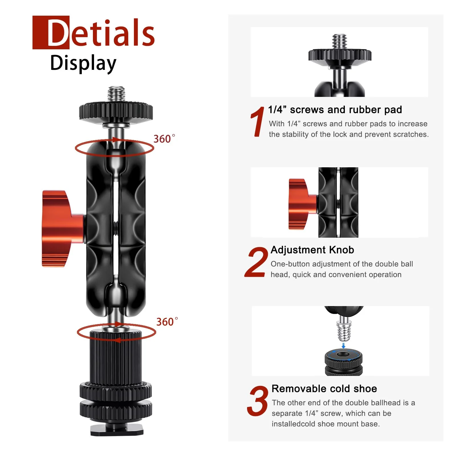 Mini Magic Arm Multi-Function Double Ball Head with Cold Shoe Mount and 1/4’’-20 Screw for Monitor, LED Light, Microphone, Max Load up to 2kg/4.4lb - 2 Pieces - Image 2