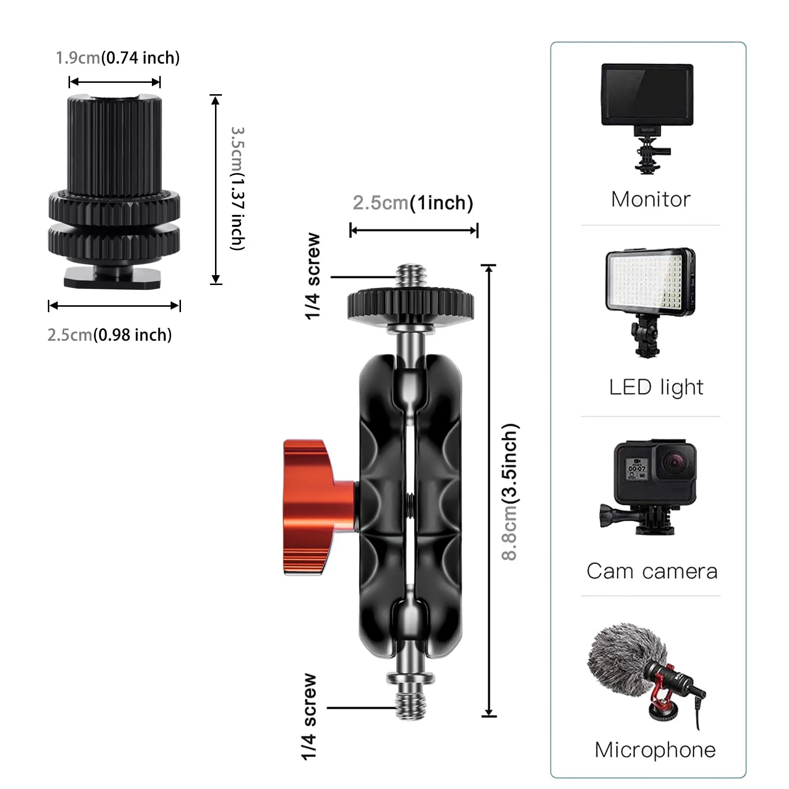 Mini Magic Arm Multi-Function Double Ball Head with Cold Shoe Mount and 1/4’’-20 Screw for Monitor, LED Light, Microphone, Max Load up to 2kg/4.4lb - 2 Pieces - Image 7