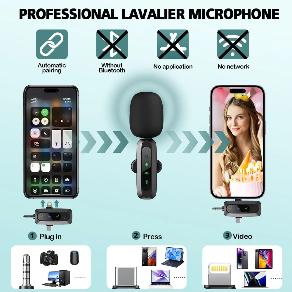 Mini Microphone,3 in 1 Wireless Lavalier Microphones for iPhone/iPad/Android/Camera(Lightning/USB/3.5 mm Jack),2 LED Display Bluetooth Microphone Mute/Noise for Video Recording Vlog,Youtube, Tiktok Black LED（3 in1） - Image 2