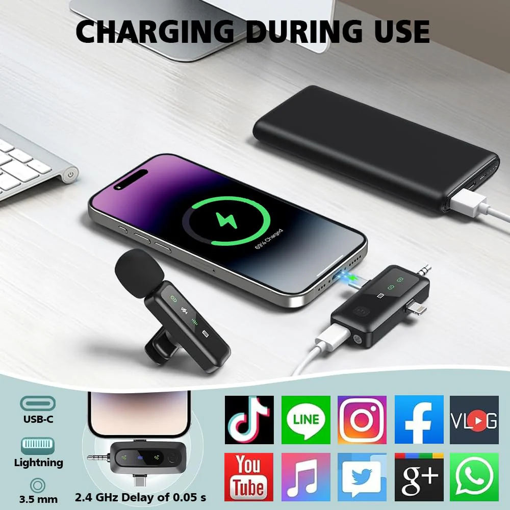 Mini Microphone,3 in 1 Wireless Lavalier Microphones for iPhone/iPad/Android/Camera(Lightning/USB/3.5 mm Jack),2 LED Display Bluetooth Microphone Mute/Noise for Video Recording Vlog,Youtube, Tiktok Black LED（3 in1） - Image 3