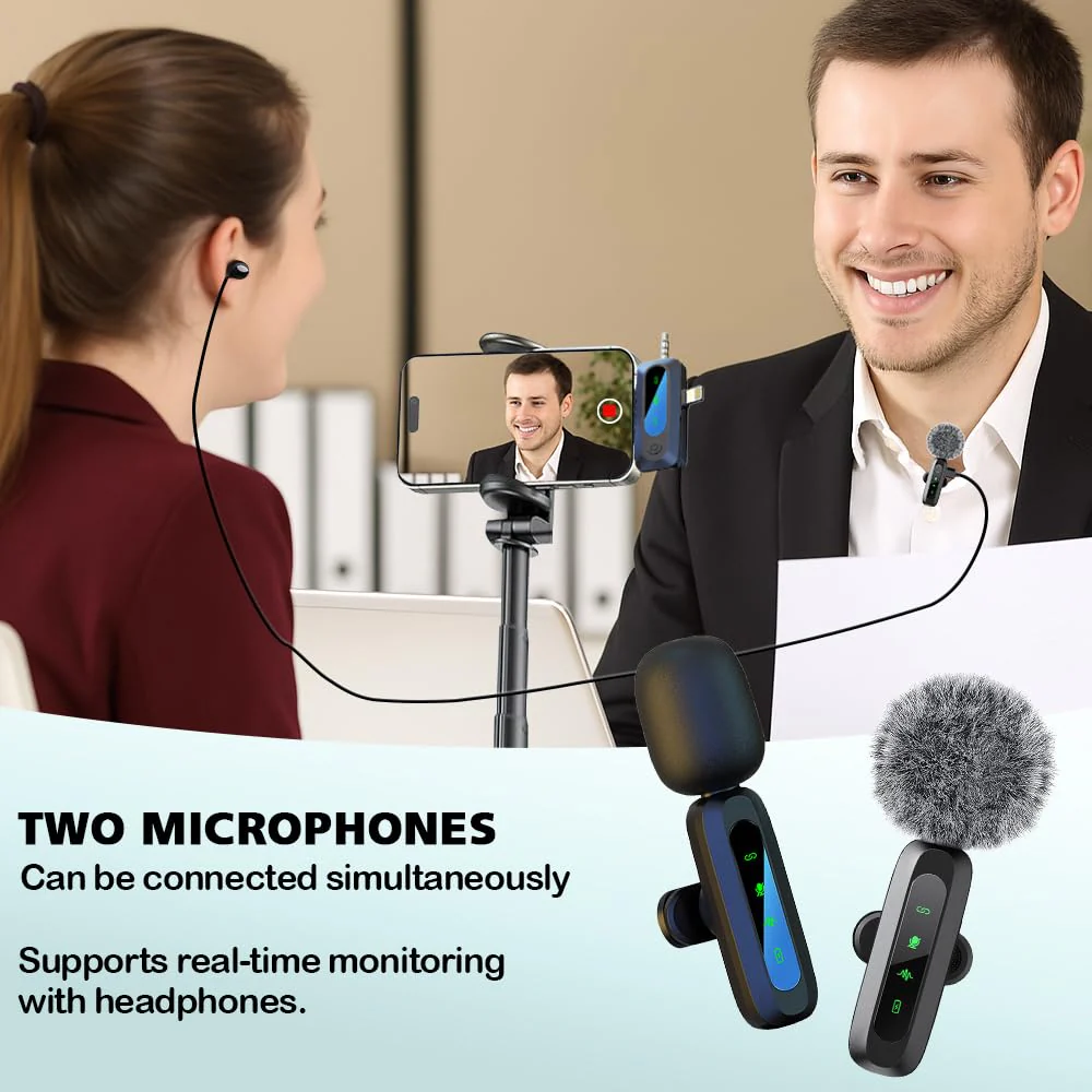 Mini Microphone,3 in 1 Wireless Lavalier Microphones for iPhone/iPad/Android/Camera(Lightning/USB/3.5 mm Jack),2 LED Display Bluetooth Microphone Mute/Noise for Video Recording Vlog,Youtube, Tiktok Black LED（3 in1） - Image 6