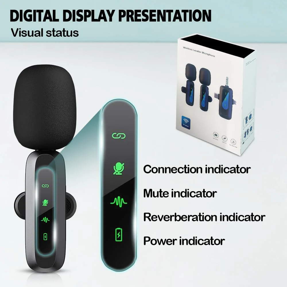 Mini Microphone,3 in 1 Wireless Lavalier Microphones for iPhone/iPad/Android/Camera(Lightning/USB/3.5 mm Jack),2 LED Display Bluetooth Microphone Mute/Noise for Video Recording Vlog,Youtube, Tiktok Black LED（3 in1） - Image 9