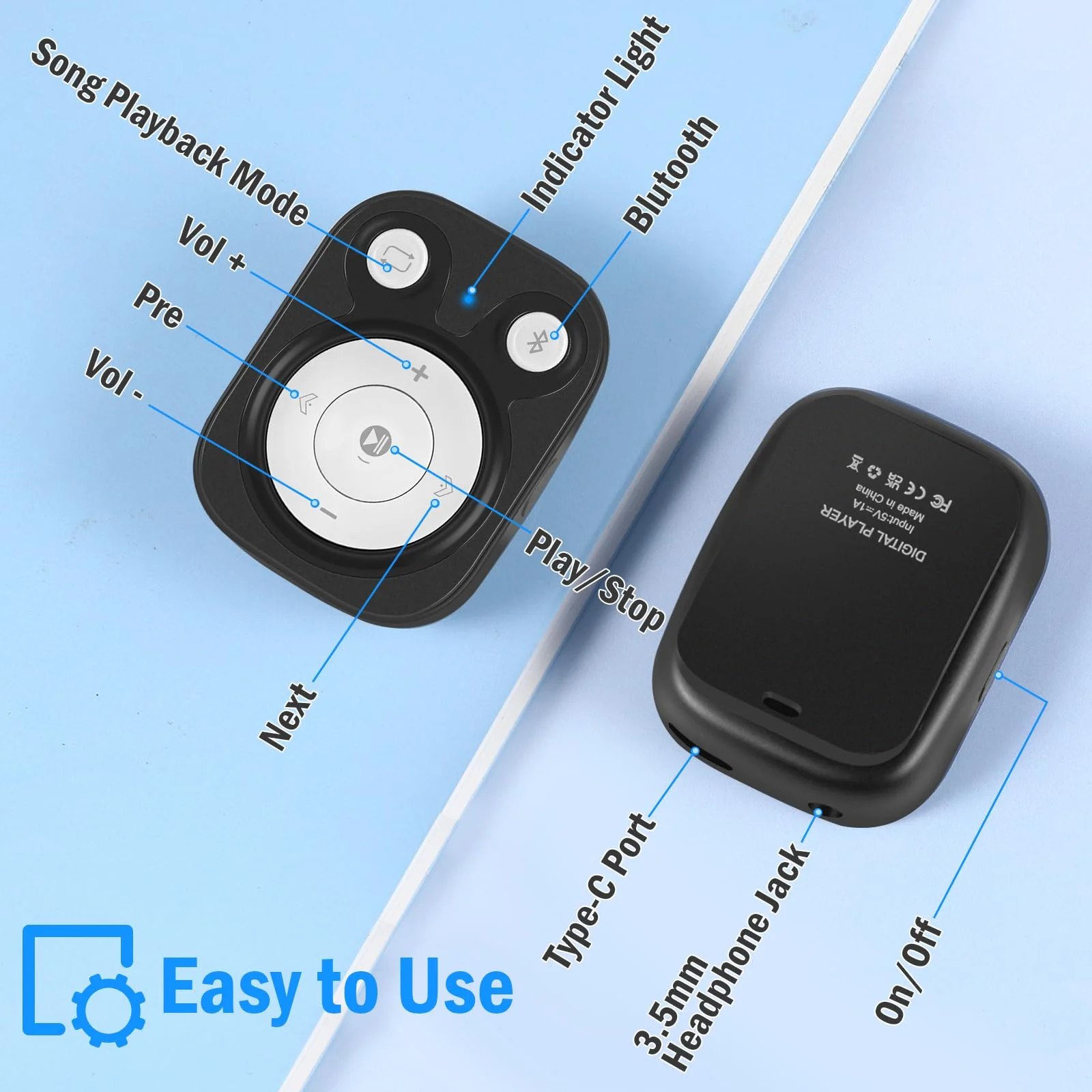 Mini MP3 Player with Bluetooth 5.3, 64GB Portable Music Player with Sports Clip, OTG Function, Mp3 Player NO Screen for Running/Cycling/Exercise-Student, Kid (Black) Black - Image 7