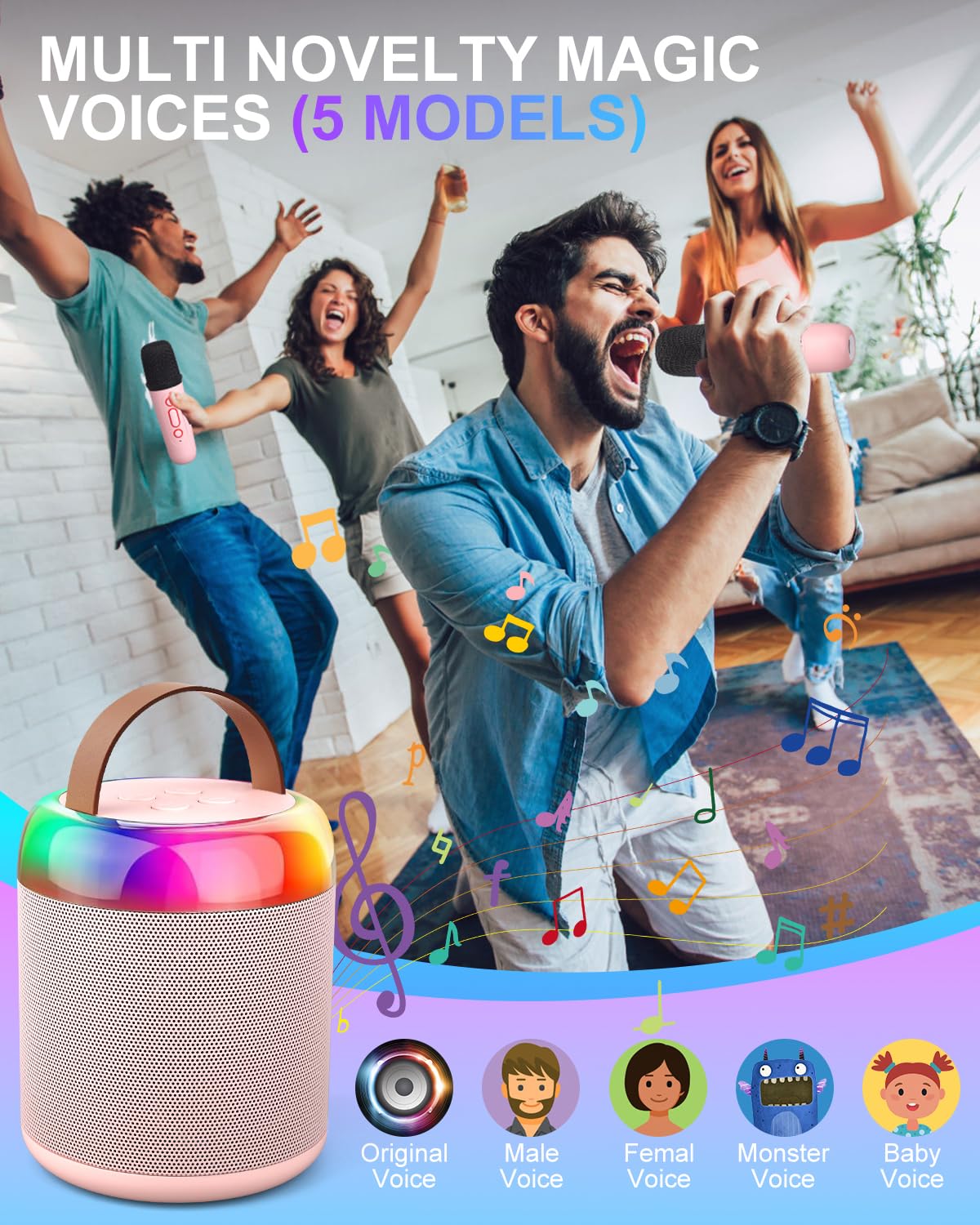 Mini Party Karaoke Machine Toy for Kids Audlts, Portable Led Karaoke Toy Speaker with 2 Wireless Microphones for Girls Boys Birthday, Holiday Stocking Stuffer Party Favors Supplies PINK - Image 3