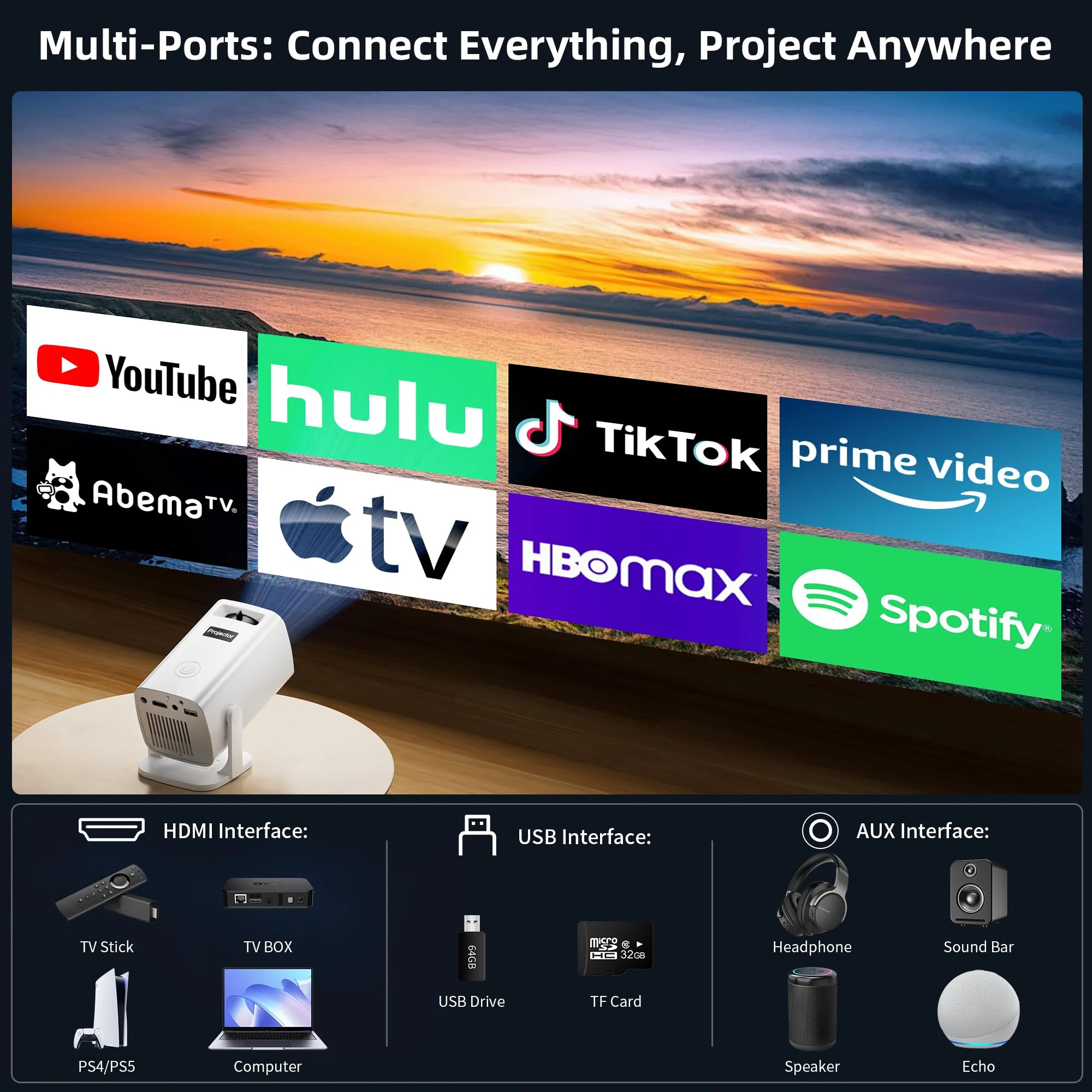 Mini Projector, Portable Projector 4K & Full HD 1080P Support, 270° Rotation Outdoor Projector, Movie Projector Compatible with Smartphone, TV Stick, Laptop, PS4, HDMI, USB Ivory - Image 3
