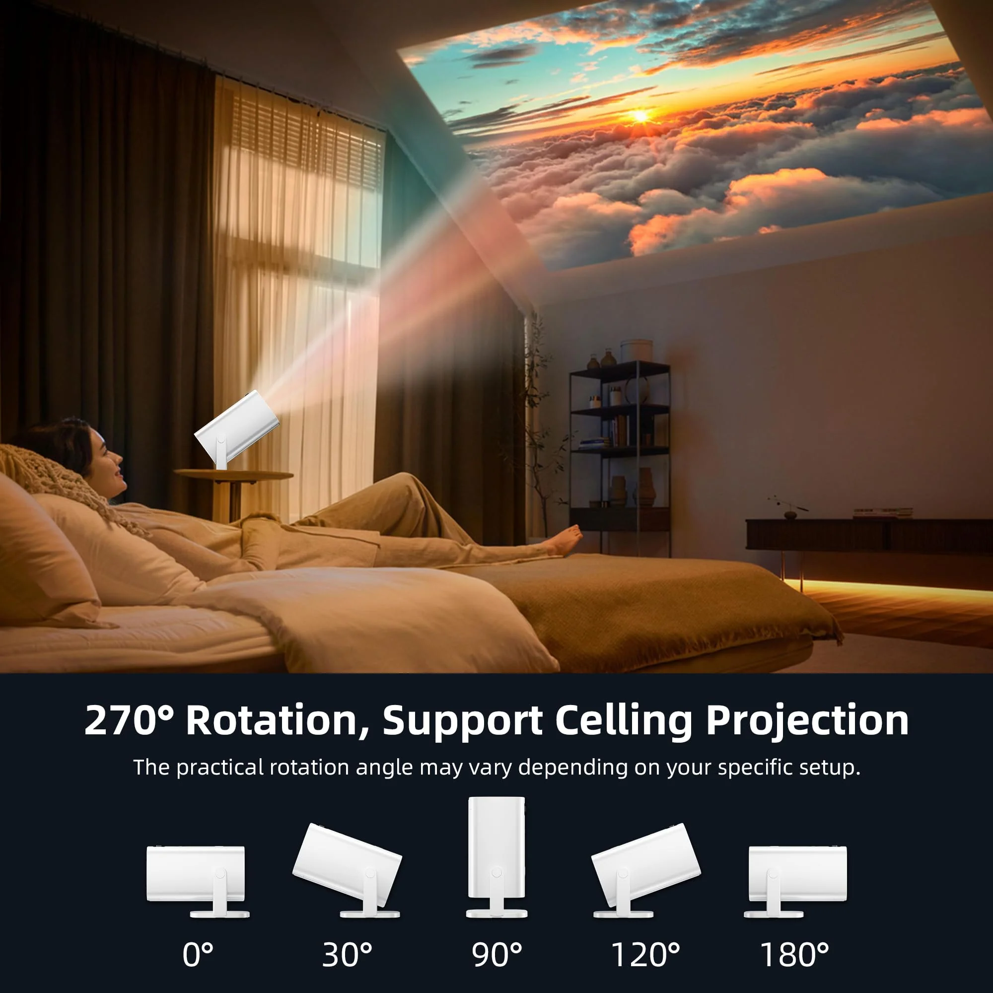 Mini Projector, Portable Projector 4K & Full HD 1080P Support, 270° Rotation Outdoor Projector, Movie Projector Compatible with Smartphone, TV Stick, Laptop, PS4, HDMI, USB Ivory - Image 5