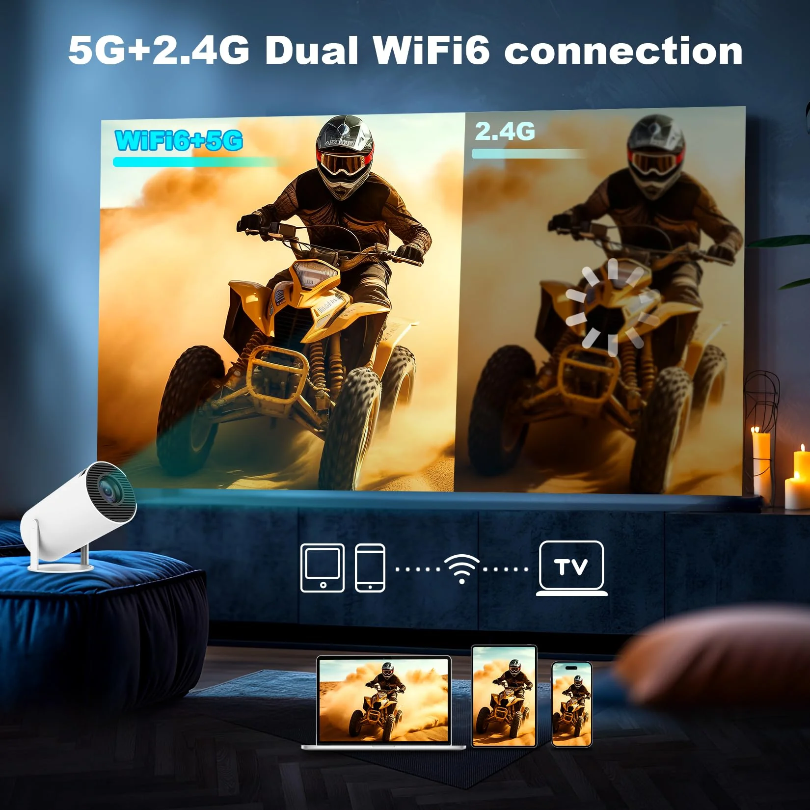 Mini Projector, Support 4K 1080P Portable Projector with Dual Band WIFI 6, Bluetooth 5.2, 180° Rotatable, Auto Keystone Correction,35"-130" Screen Video Projector(L) L - Image 5