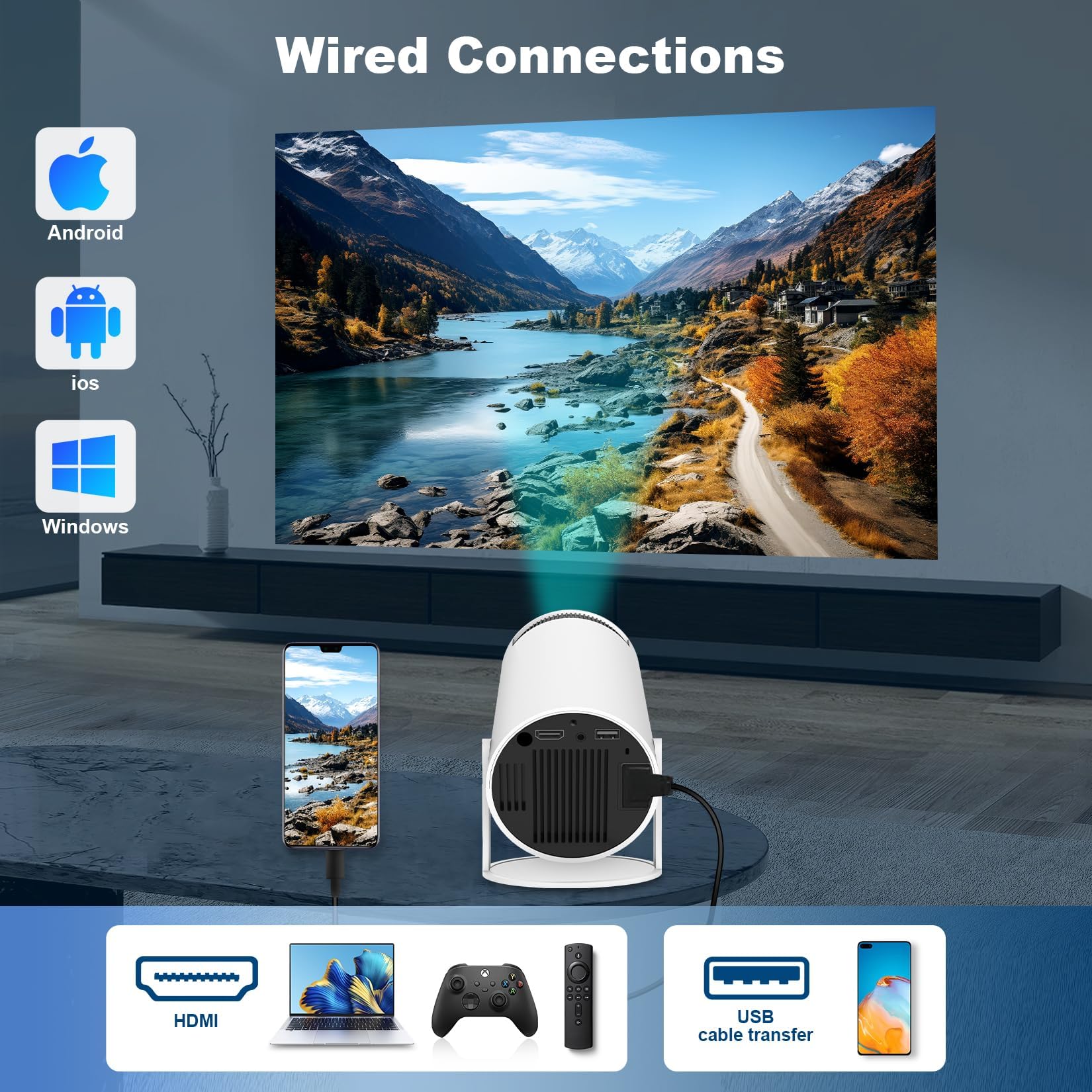 Mini Projector, Support 4K 1080P Portable Projector with Dual Band WIFI6 5G Wireless 5.2 Bluetooth Android 11, 200 ANSI Lumens, 180° Rotatable, Auto Keystone Correction,35"-130" Screen Video Projector HY300PRO - Image 7