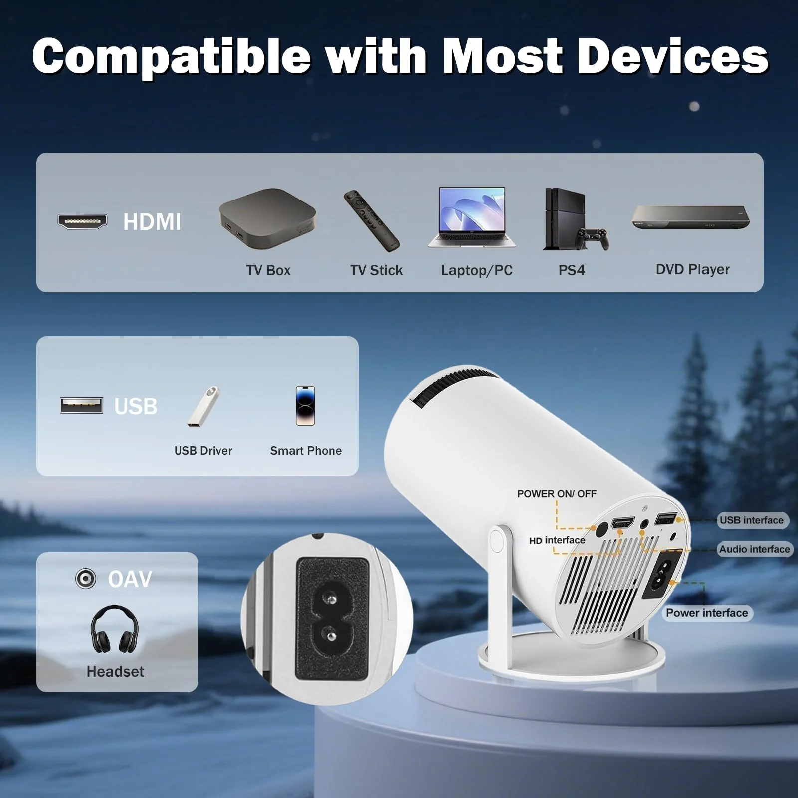 Mini Projector Support 4K, 200 Ansi Outdoor & Home Movie Portable Projector with Wifi6 and 5.0 Bluetooth, Automatic Keystone Correction, 180°Rotatable, Compatible with HDMI USB PC Laptop 300 Pro - Image 6