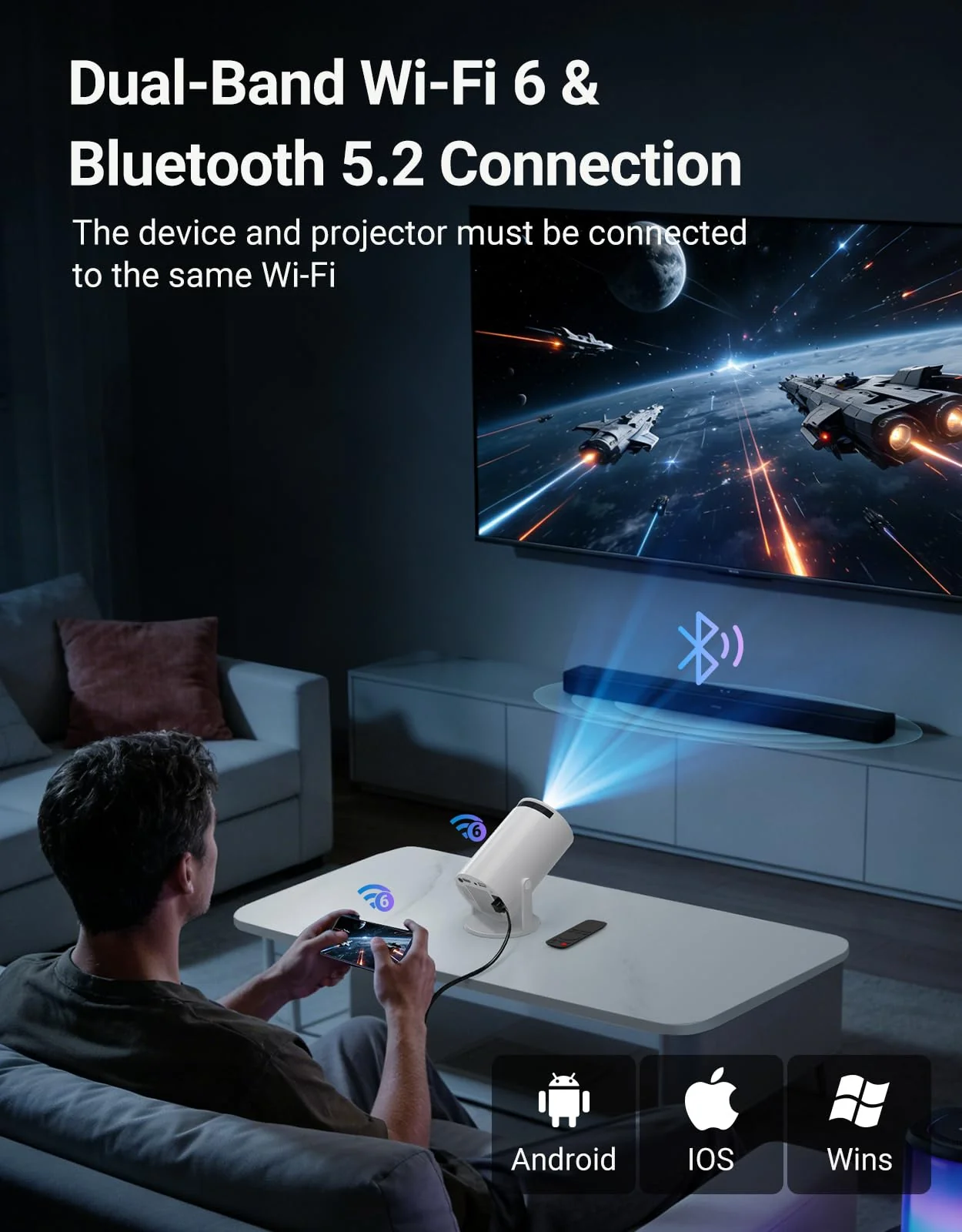 Mini Projector with WiFi 6 and Bluetooth 5.2, Built-in App Smart Portable Projector Support 4K 1080P FHD, 180° Rotatable, AutoKeystone, Android 11, Compatible with HDM/USB/Phone/Laptop White - Image 5