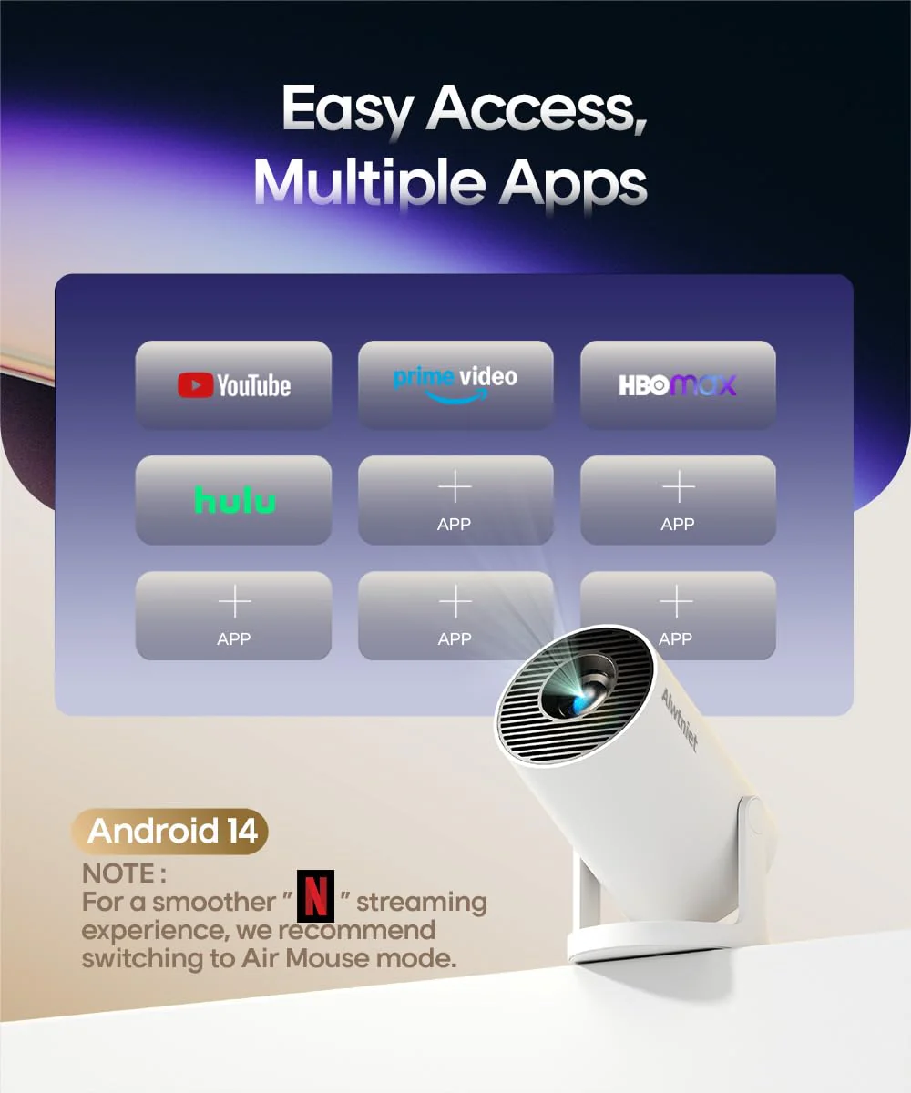 Mini Projector with Wifi 6 and Bluetooth5.4, Portable Projector 4K Support, Android 14 Smart Proyector with 200ASIN & Auto Keystone, Alwtniet HY300Pro Small Proyector for Bedroom, Movie, Outdoor White - Image 5