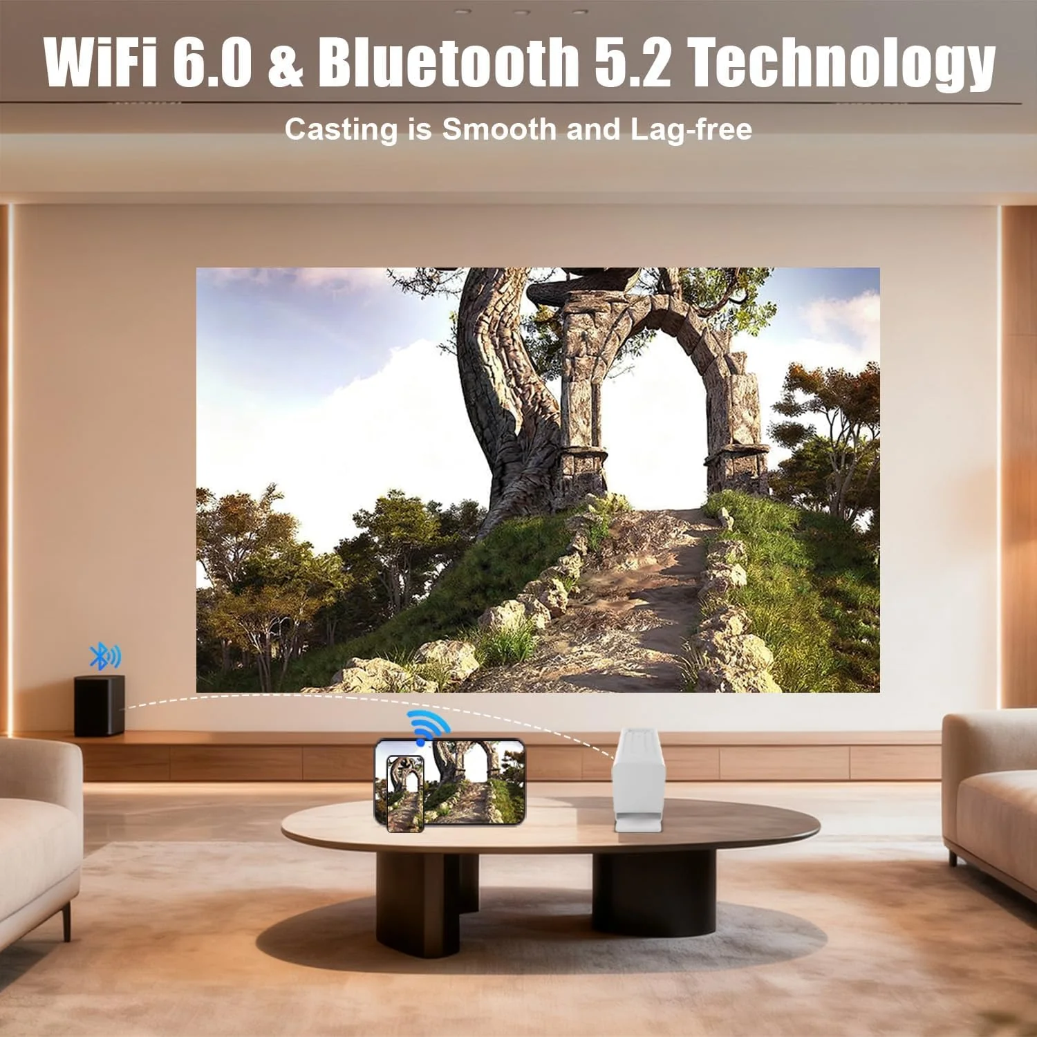 Mini Projector with WiFi and Bluetooth, 1080P Supported Smart Projector with Built in Apps, Outdoor Movie Projector 150" Display, Auto Keystone，Short focal length Projector. N6 projector - Image 4