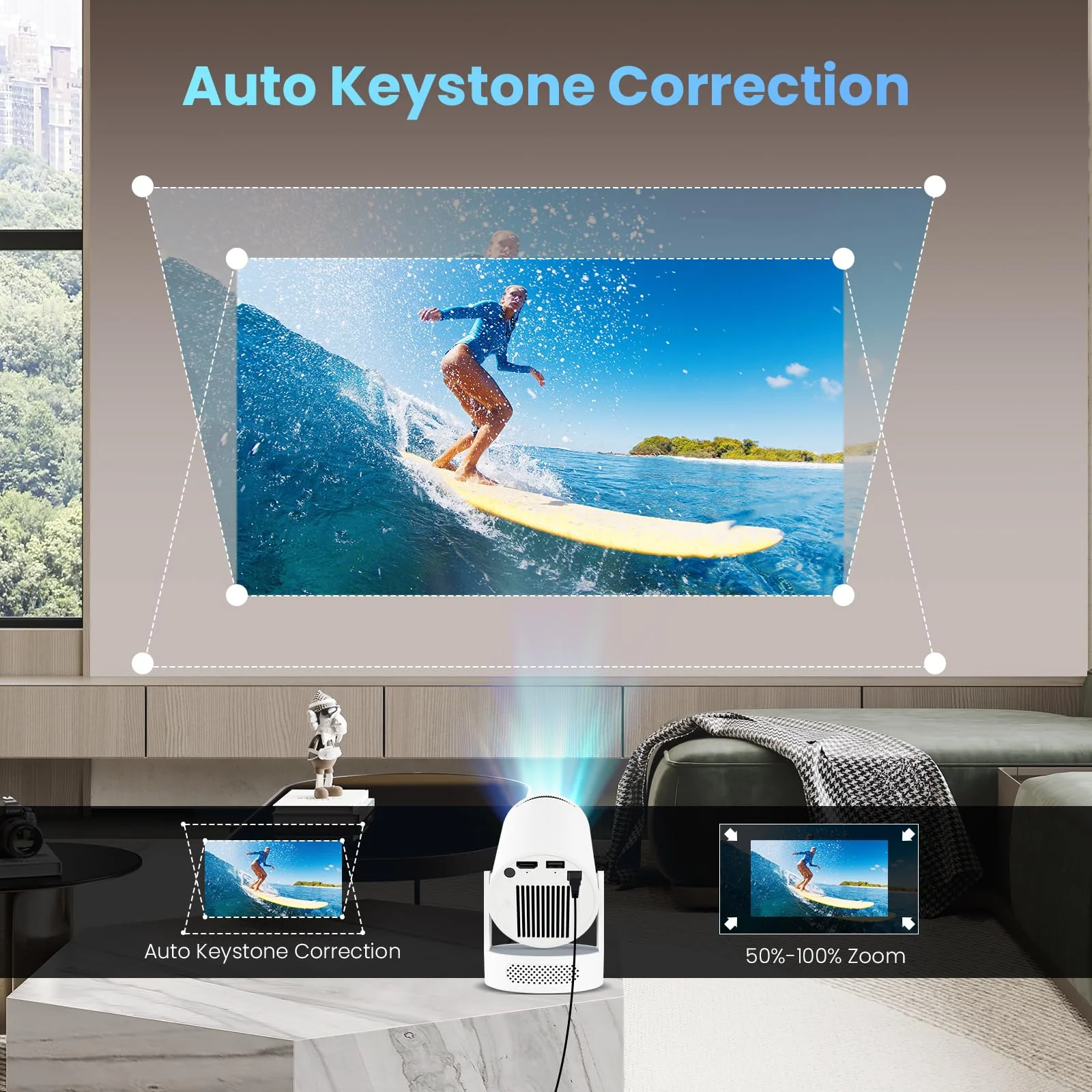 Mini Projector with WiFi and Bluetooth, 4K 1080P Support Portable Projector with Speaker, 110'' Big Screen Projection, Auto Keystone, 180° Rotatable Smart Projector for Phone/TV Stick/Laptop White. - Image 3