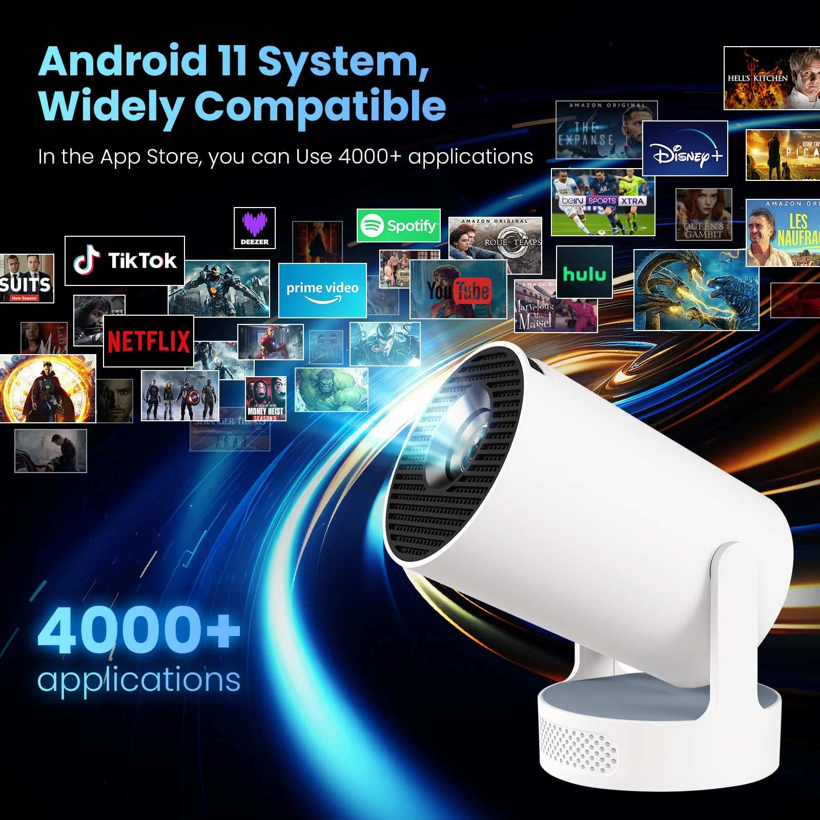 Mini Projector with WiFi and Bluetooth, 4K 1080P Support Portable Projector with Speaker, 110'' Big Screen Projection, Auto Keystone, 180° Rotatable Smart Projector for Phone/TV Stick/Laptop White. - Image 5