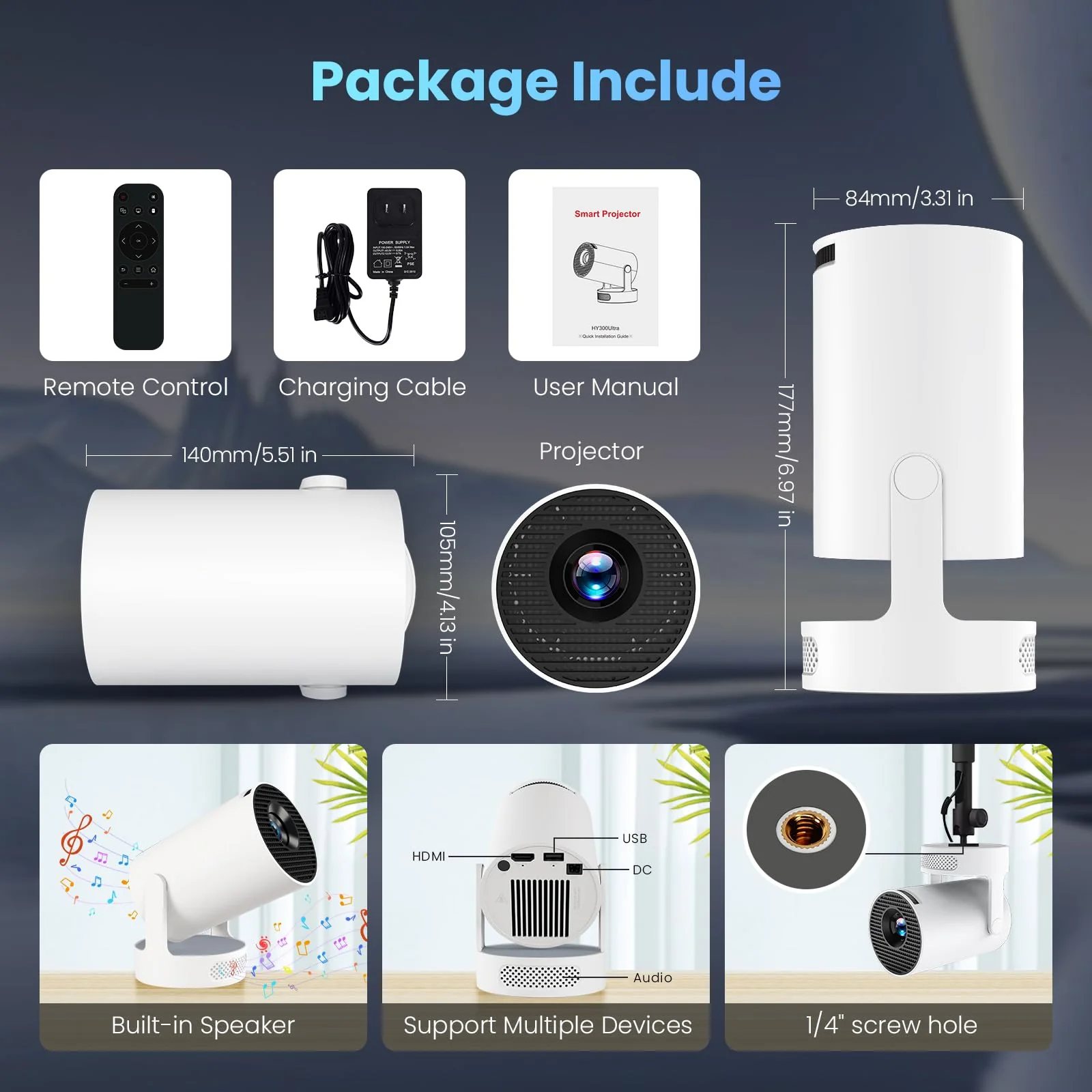 Mini Projector with WiFi and Bluetooth, 4K 1080P Support Portable Projector with Speaker, 110'' Big Screen Projection, Auto Keystone, 180° Rotatable Smart Projector for Phone/TV Stick/Laptop White. - Image 6
