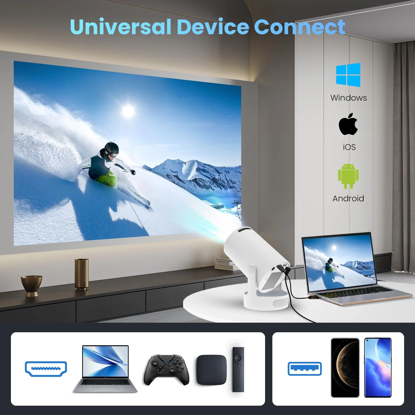 Mini Projector with WiFi and Bluetooth, 4K 1080P Support Portable Projector with Speaker, 110'' Big Screen Projection, Auto Keystone, 180° Rotatable Smart Projector for Phone/TV Stick/Laptop White. - Image 7
