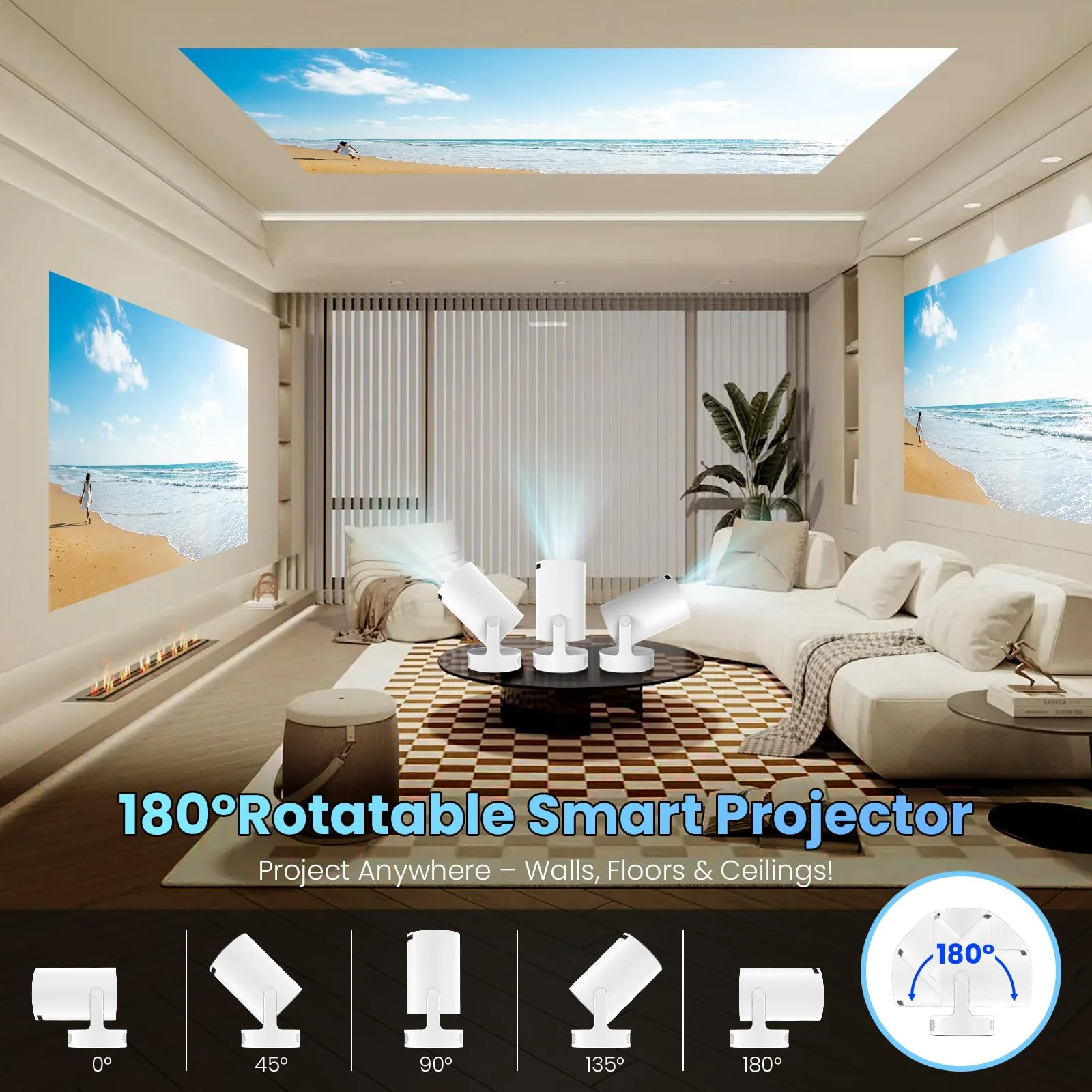 Mini Projector with WiFi and Bluetooth, 4K 1080P Support Portable Projector with Speaker, 110'' Big Screen Projection, Auto Keystone, 180° Rotatable Smart Projector for Phone/TV Stick/Laptop White. - Image 8