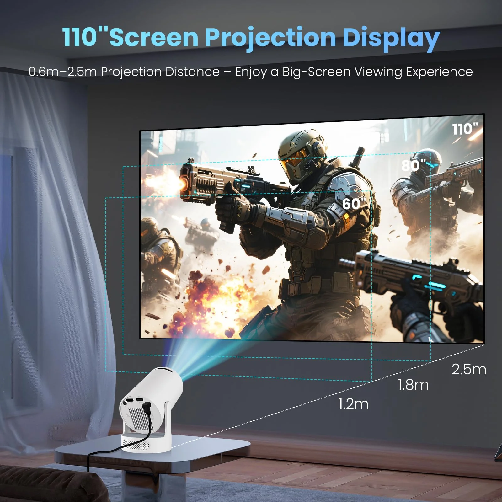 Mini Projector with WiFi and Bluetooth, 4K 1080P Support Portable Projector with Speaker, 110'' Big Screen Projection, Auto Keystone, 180° Rotatable Smart Projector for Phone/TV Stick/Laptop White. - Image 9