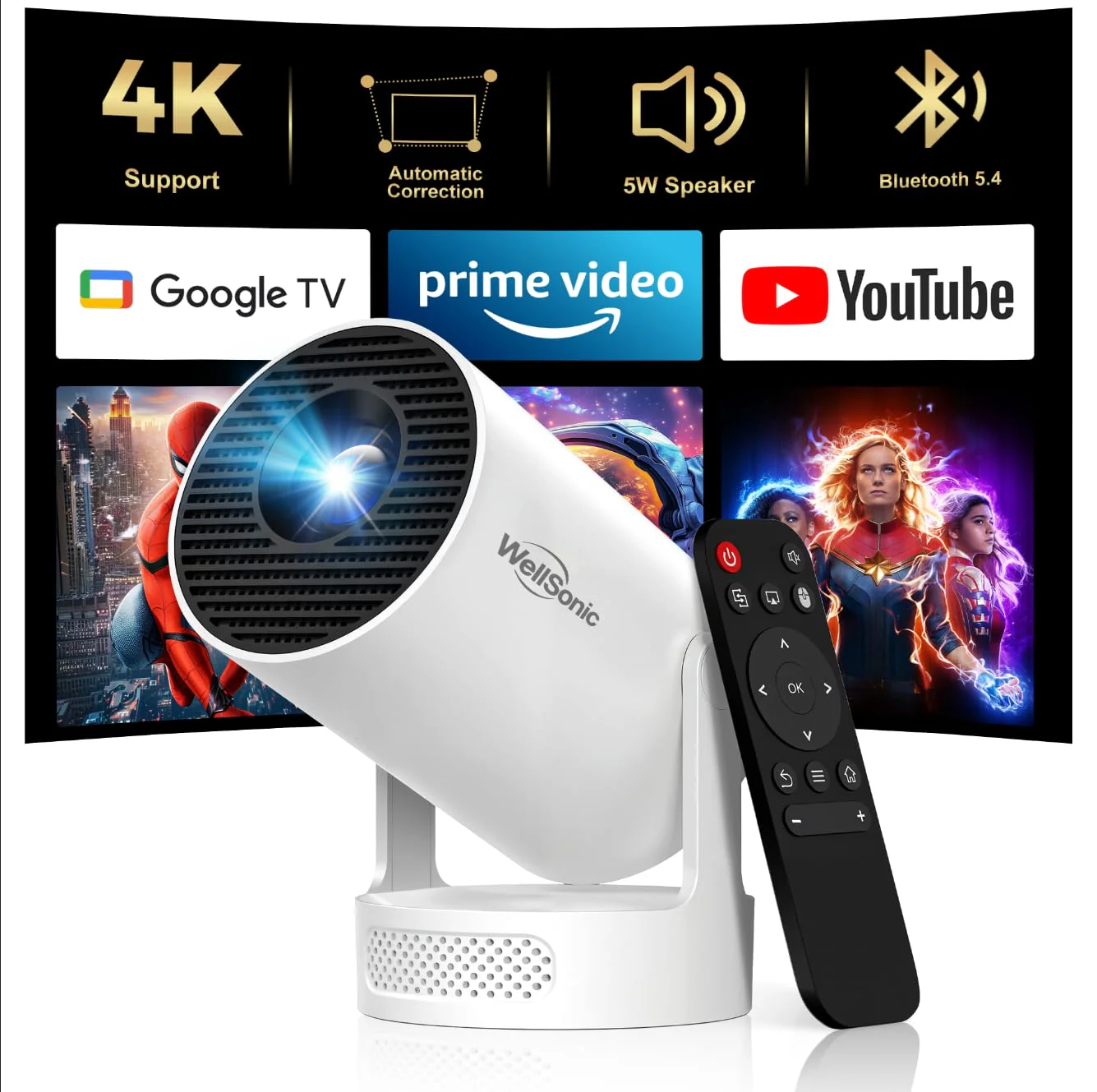 Mini Projector with Wifi and Bluetooth, 4K Portable Projector with 5W Speaker, Auto Vertical Keystone&180 Rotatable, 200Ansi Moive Proyector for Outdoor Bedroom 300 Ultra
