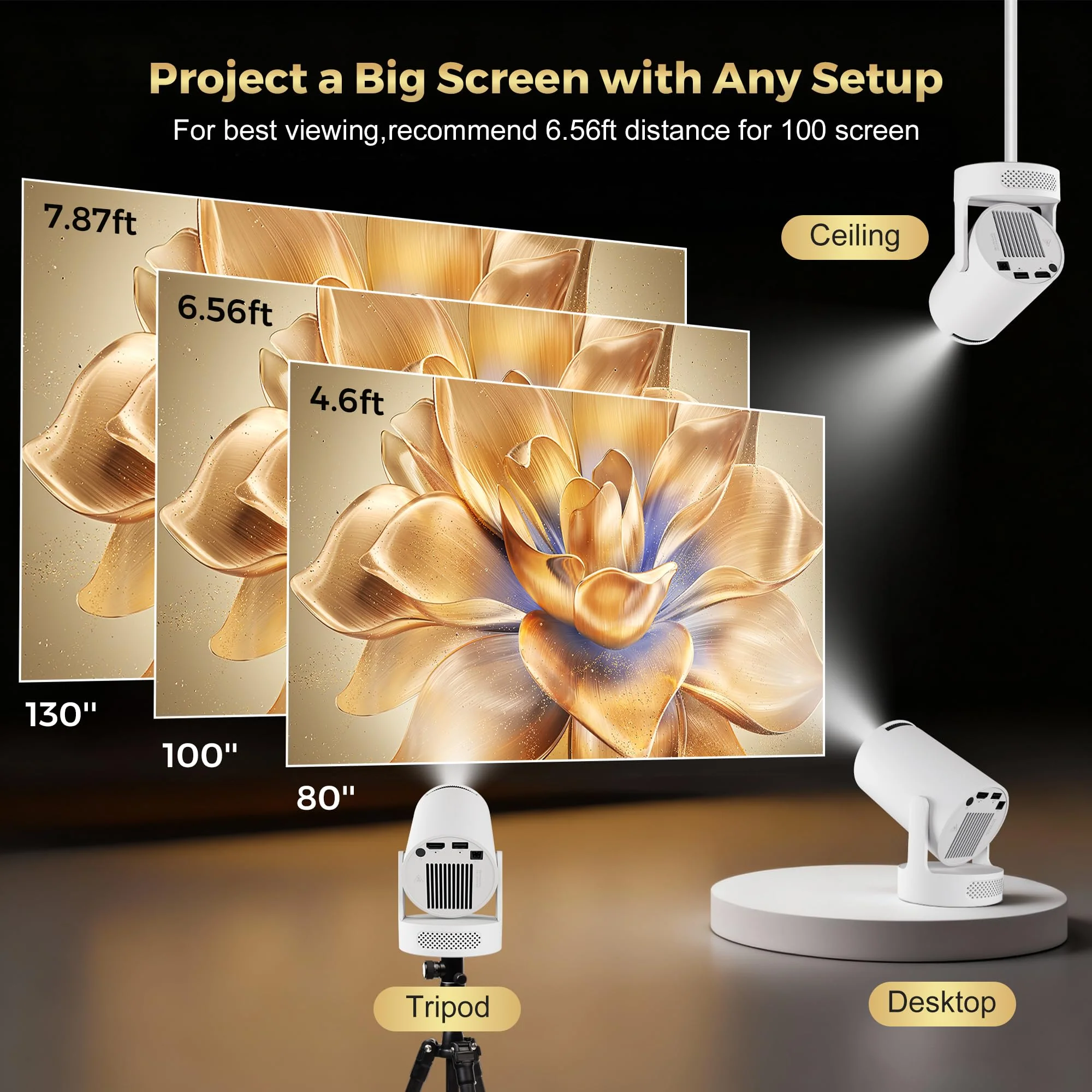Mini Projector with Wifi and Bluetooth, 4K Portable Projector with 5W Speaker, Auto Vertical Keystone&180 Rotatable, 200Ansi Moive Proyector for Outdoor Bedroom 300 Ultra - Image 6