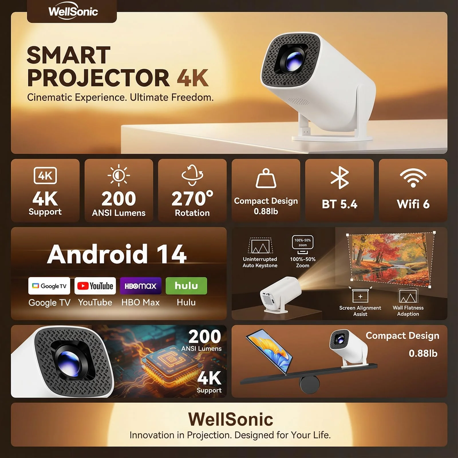 Mini Projector with Wifi and Bluetooth, Build-in Android 14, Portable Projector Outdoor&Ceiling Use, Auto Keystonet&270°Rotatable, 200 Ansi, 4k Home Thearter Movie Projector for HDMI USB - Image 2