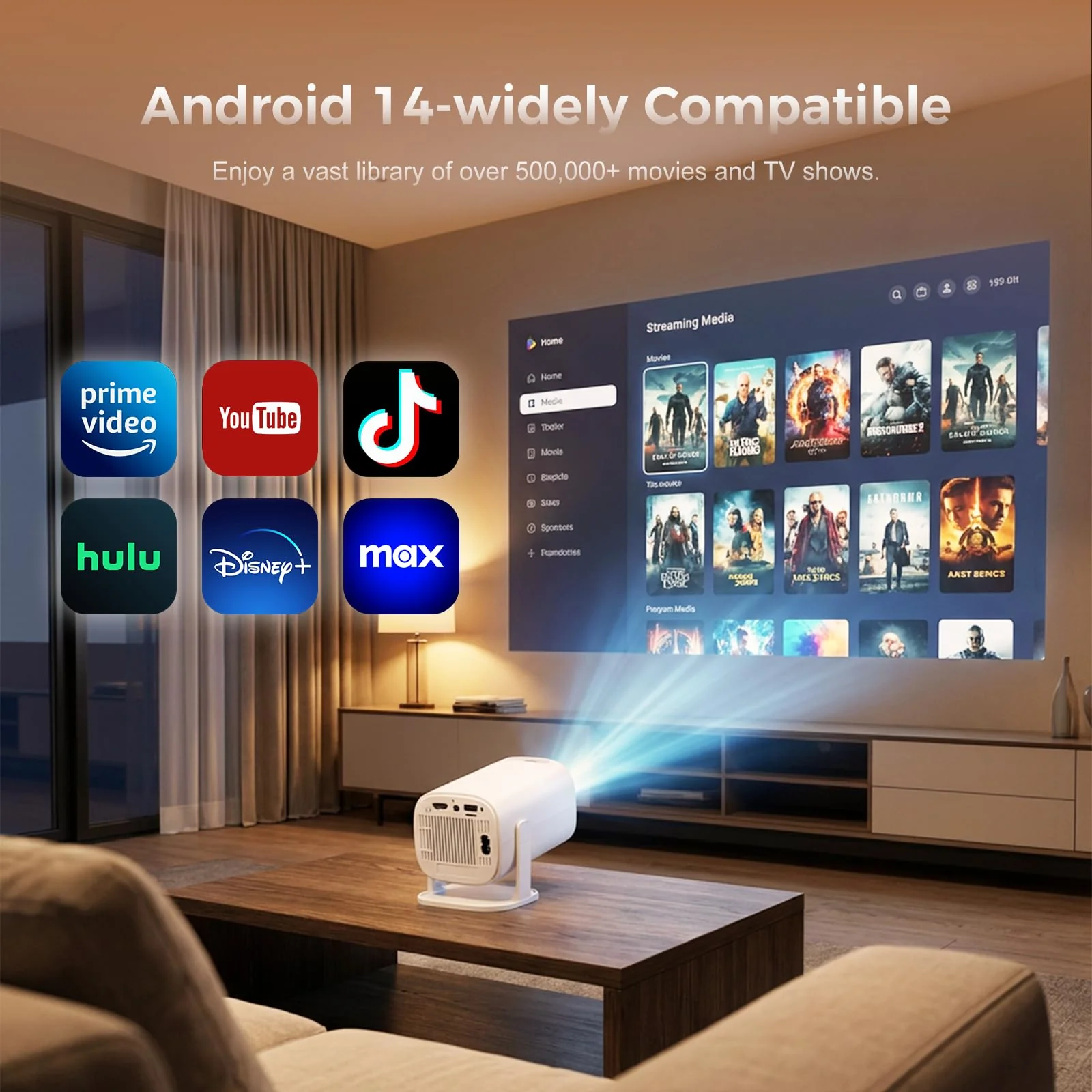 Mini Projector with Wifi and Bluetooth, Build-in Android 14, Portable Projector Outdoor&Ceiling Use, Auto Keystonet&270°Rotatable, 200 Ansi, 4k Home Thearter Movie Projector for HDMI USB - Image 3