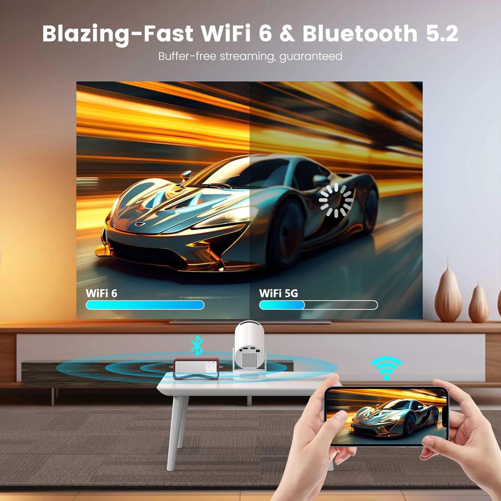 Mini Projector with WiFi and Bluetooth, Portable Projector 4k 1080P Support 5w Sound Base Speaker, 170 ANSI, Android 11, Auto Vertical Keystone Smart Proyector for Home Bedroom Outdoor, HY300 Ultra - Image 3