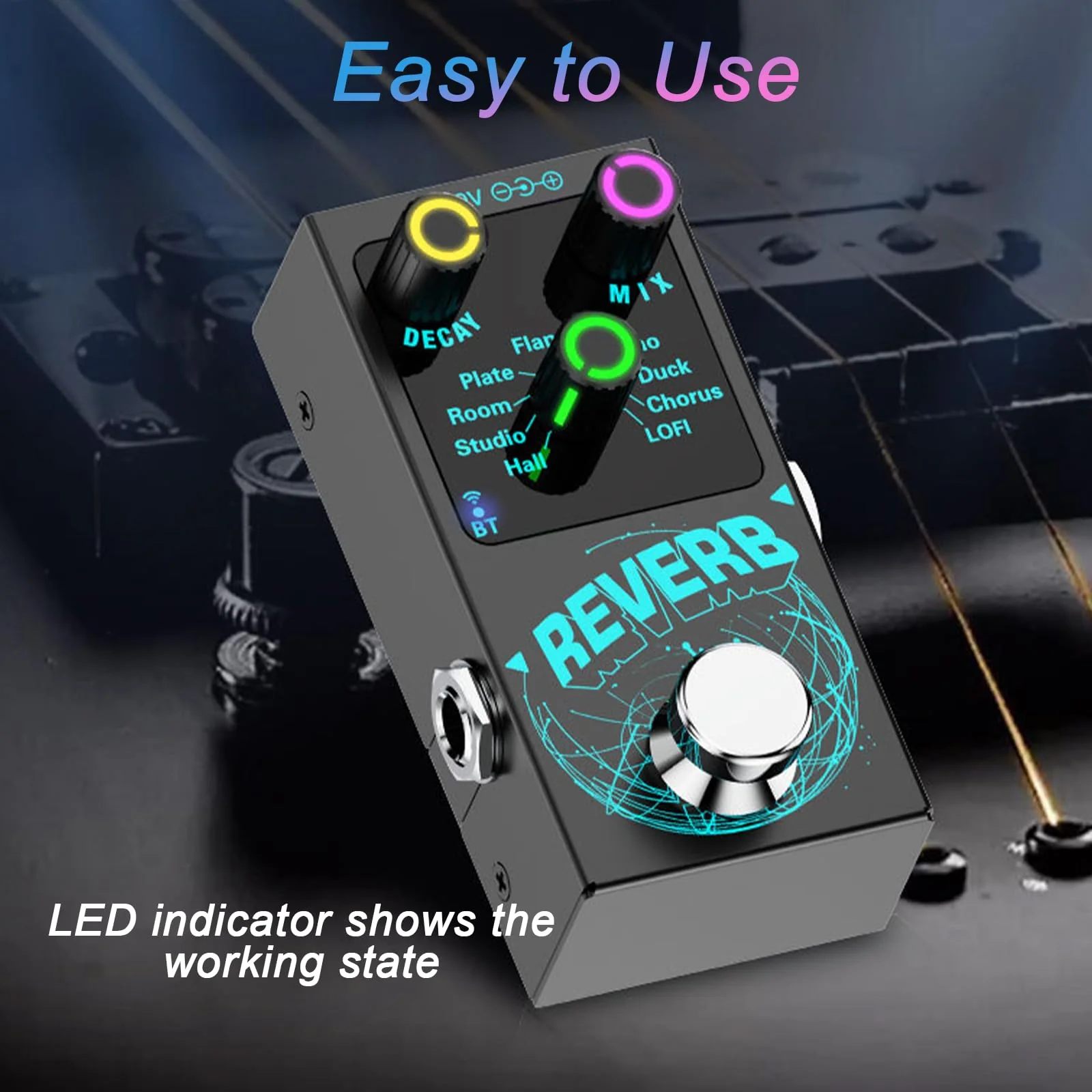 Mini Reverb Guitar Pedal, Verb Square Digital Reverb 9 Modes Room, Hall, Chorus, Duck, Plate, Studio, LOFI, Echo, with True Bypass Aluminium Alloy Black - Image 2